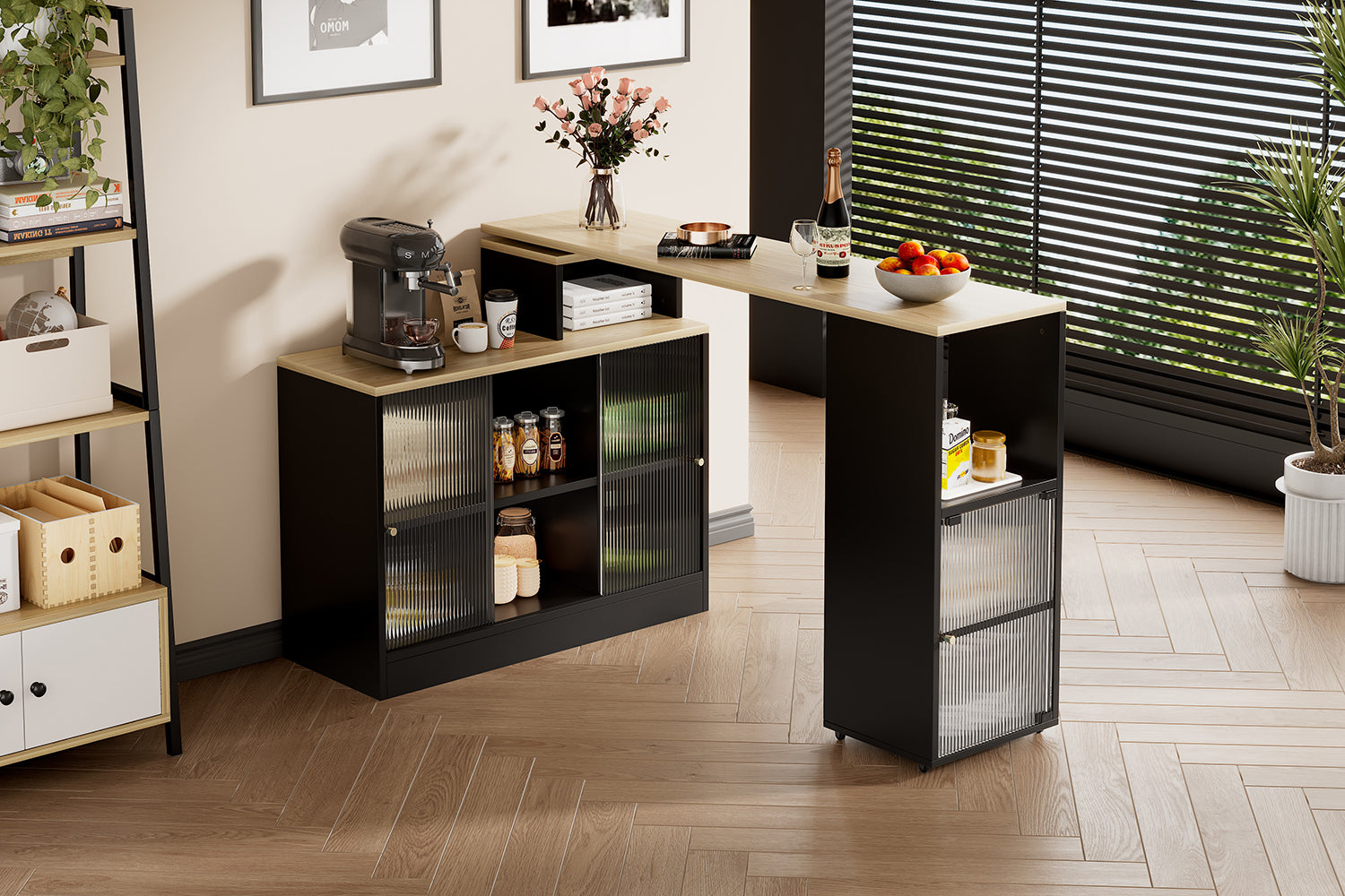 Extendable Bar Table Movable Swivel Storage Black