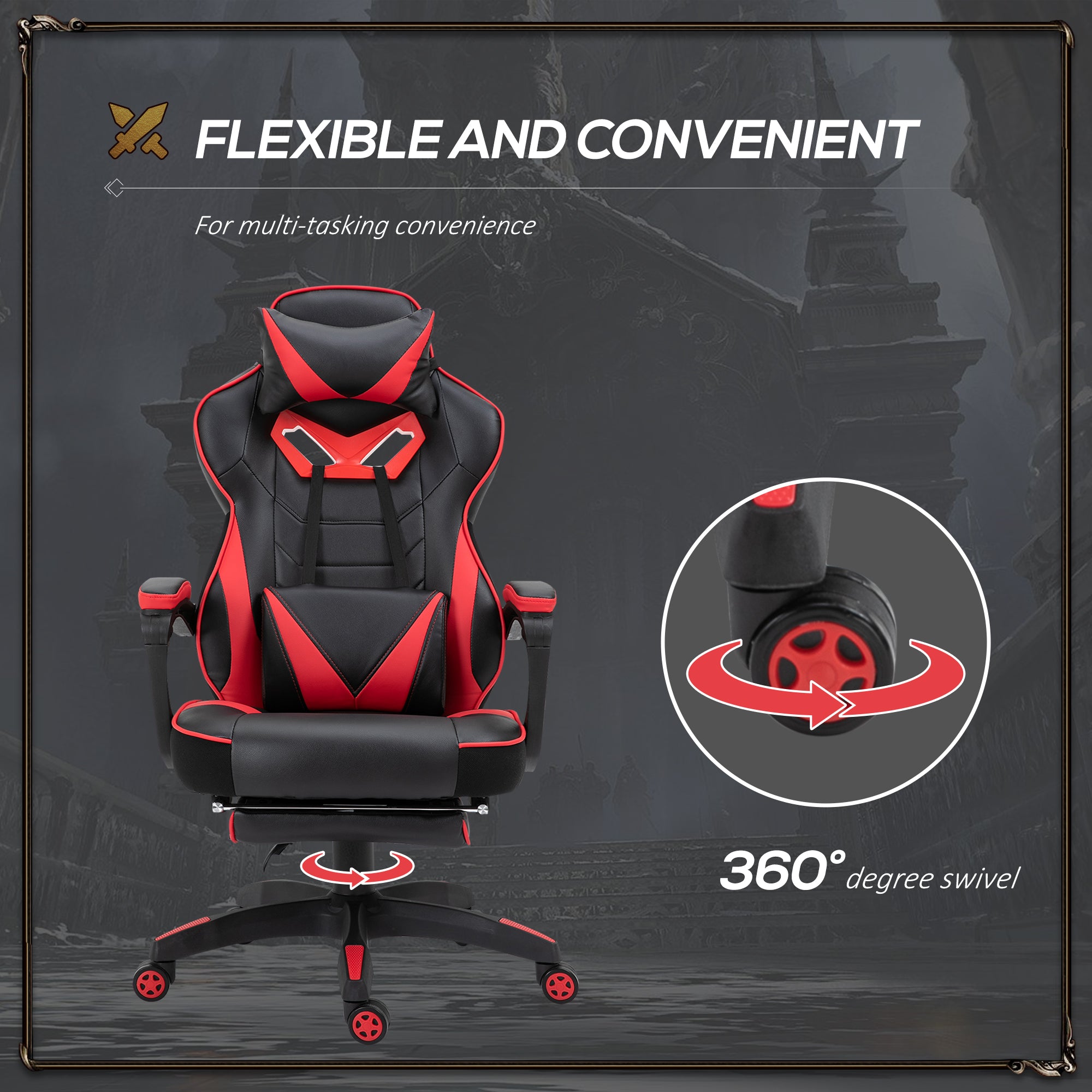 Computer Gaming Chair, Racing Desk Chair with Lumbar Support and Footrest, PU Leather, Red