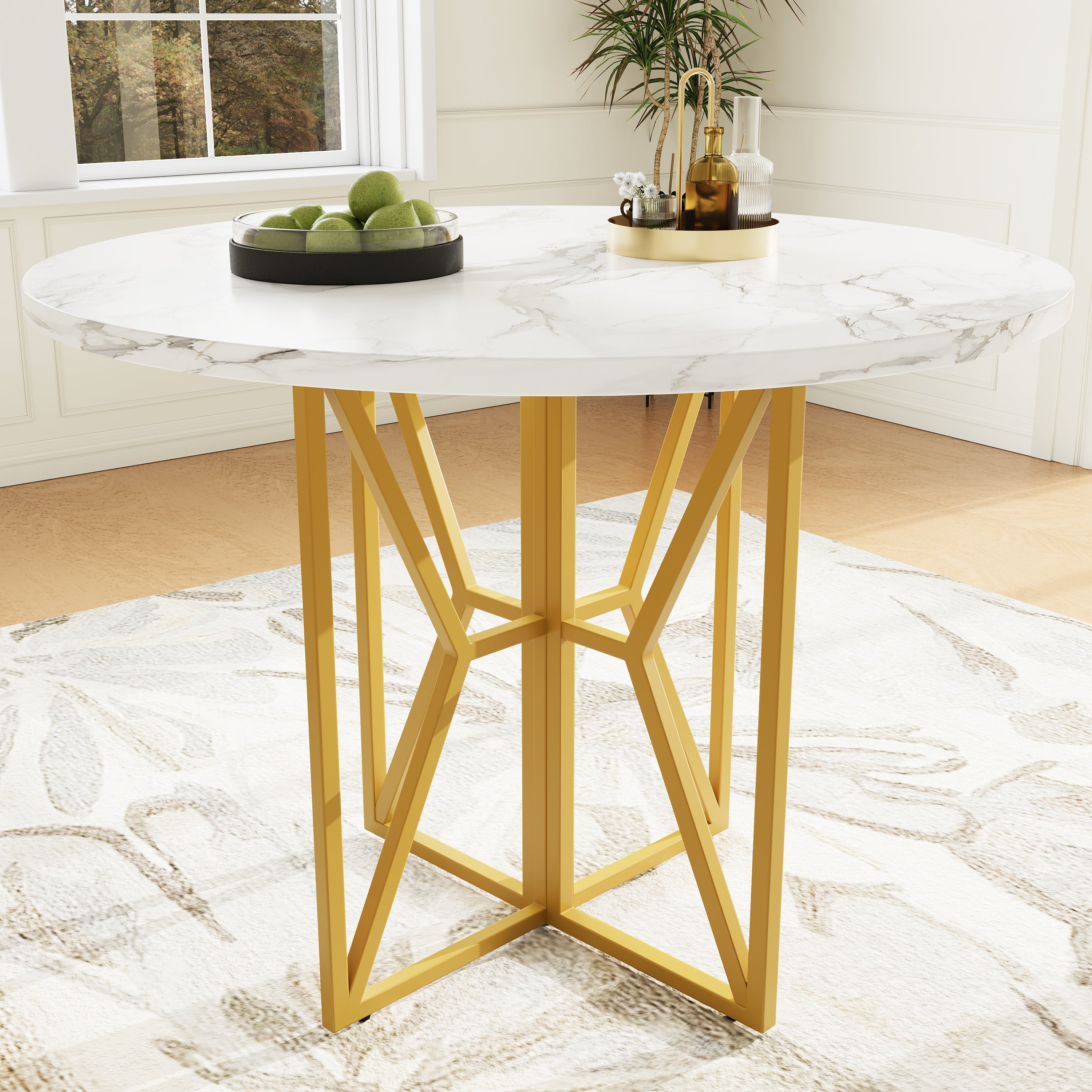 Round Dining Table 80cm 4-6 Seater Gold Legs - Marbled MDF
