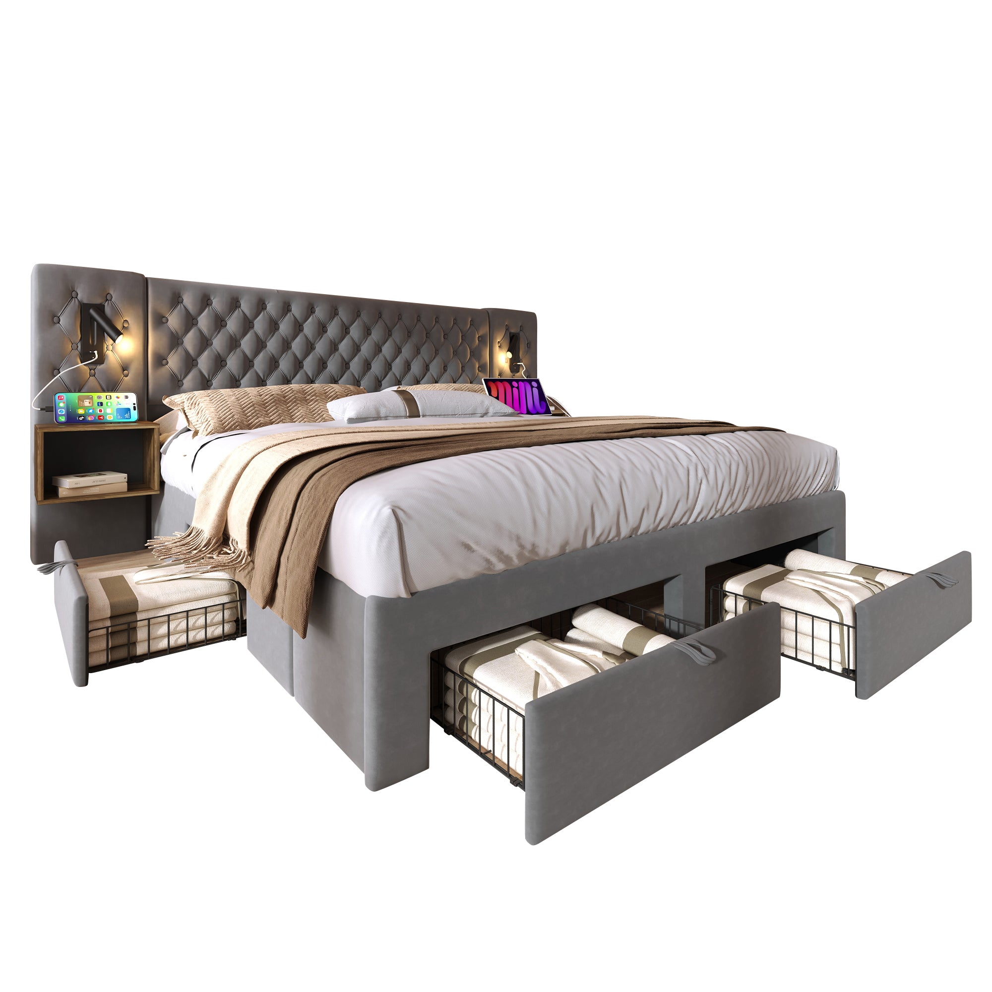 Bedroom Set, Upholstered Double Bed 160×200 cm with 2 Nightstands & 4 Drawers, Headboard Reading Light with USB Charging, Gray Velvet (With Mattress)