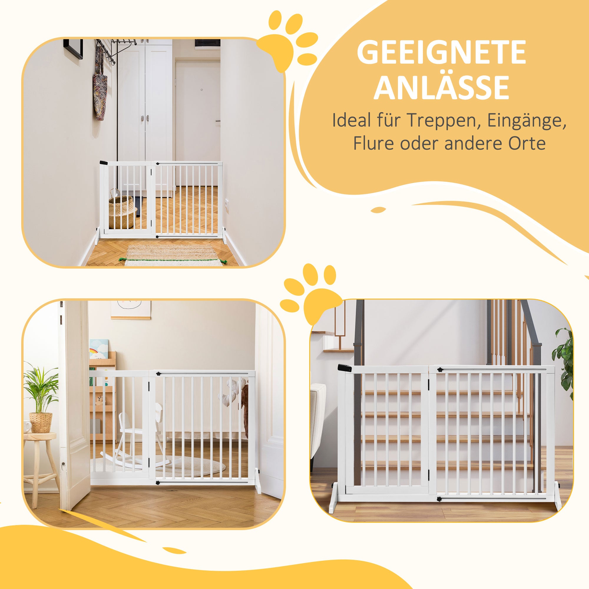 Dog Gate Freestanding Safety Gate with Door, Wooden, White