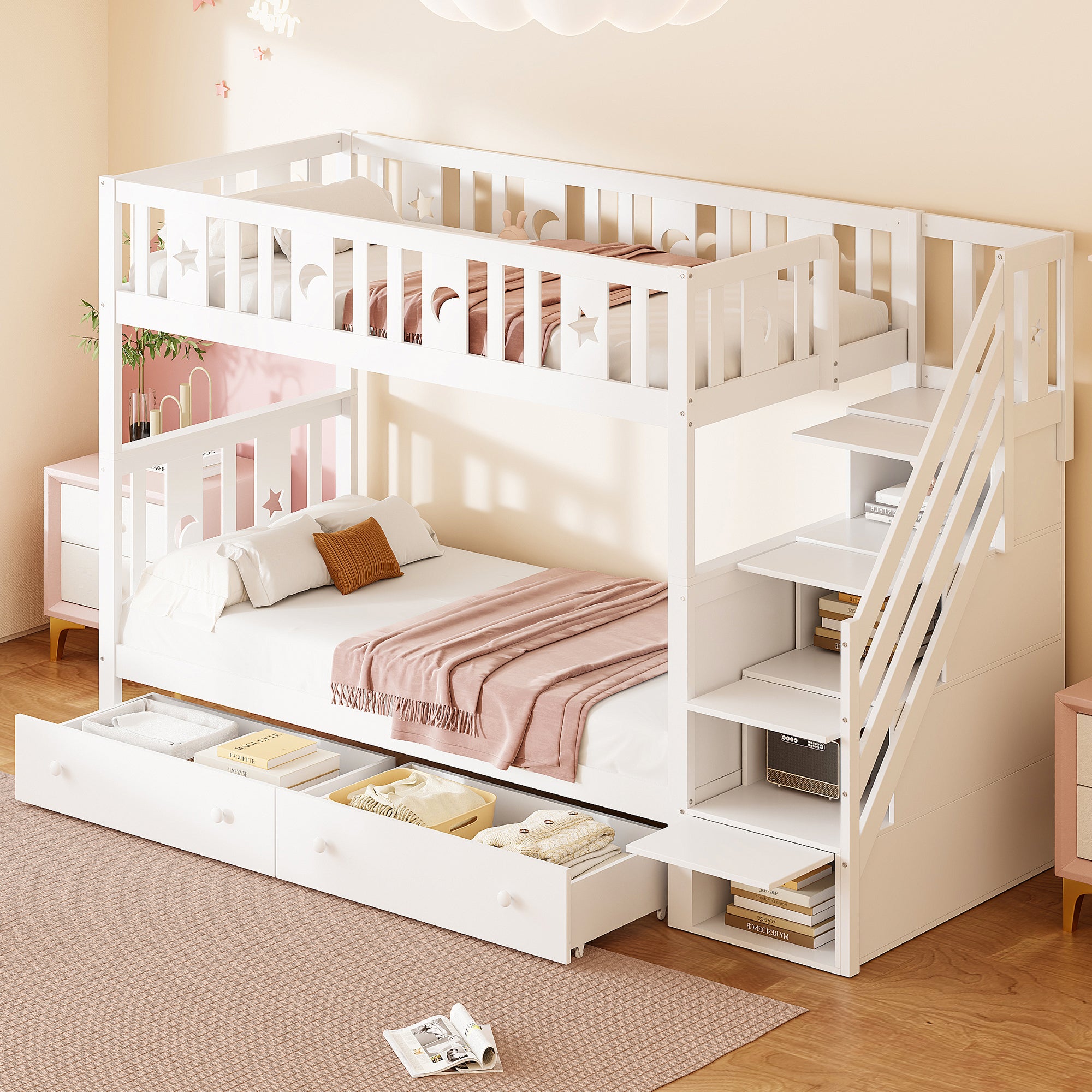 Children's Bunk Bed with Safety Stairs, Storage Drawers, Slatted Base, White Solid Wood