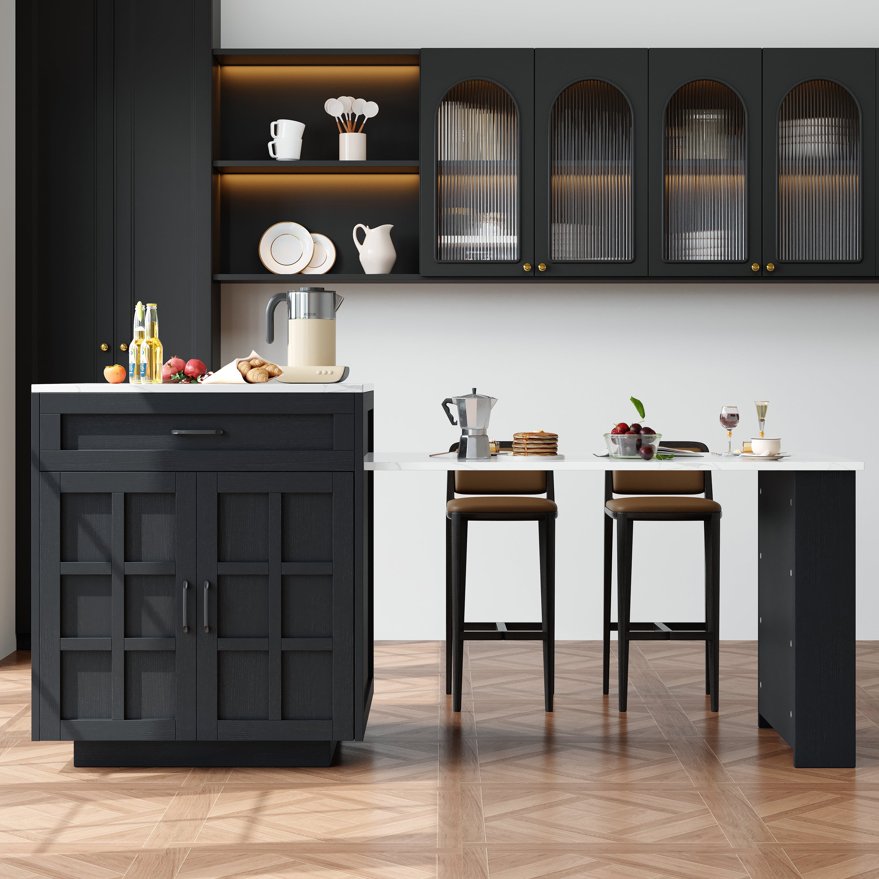 Extendable Bar Table Kitchen Island with Storage & Drawers - Black