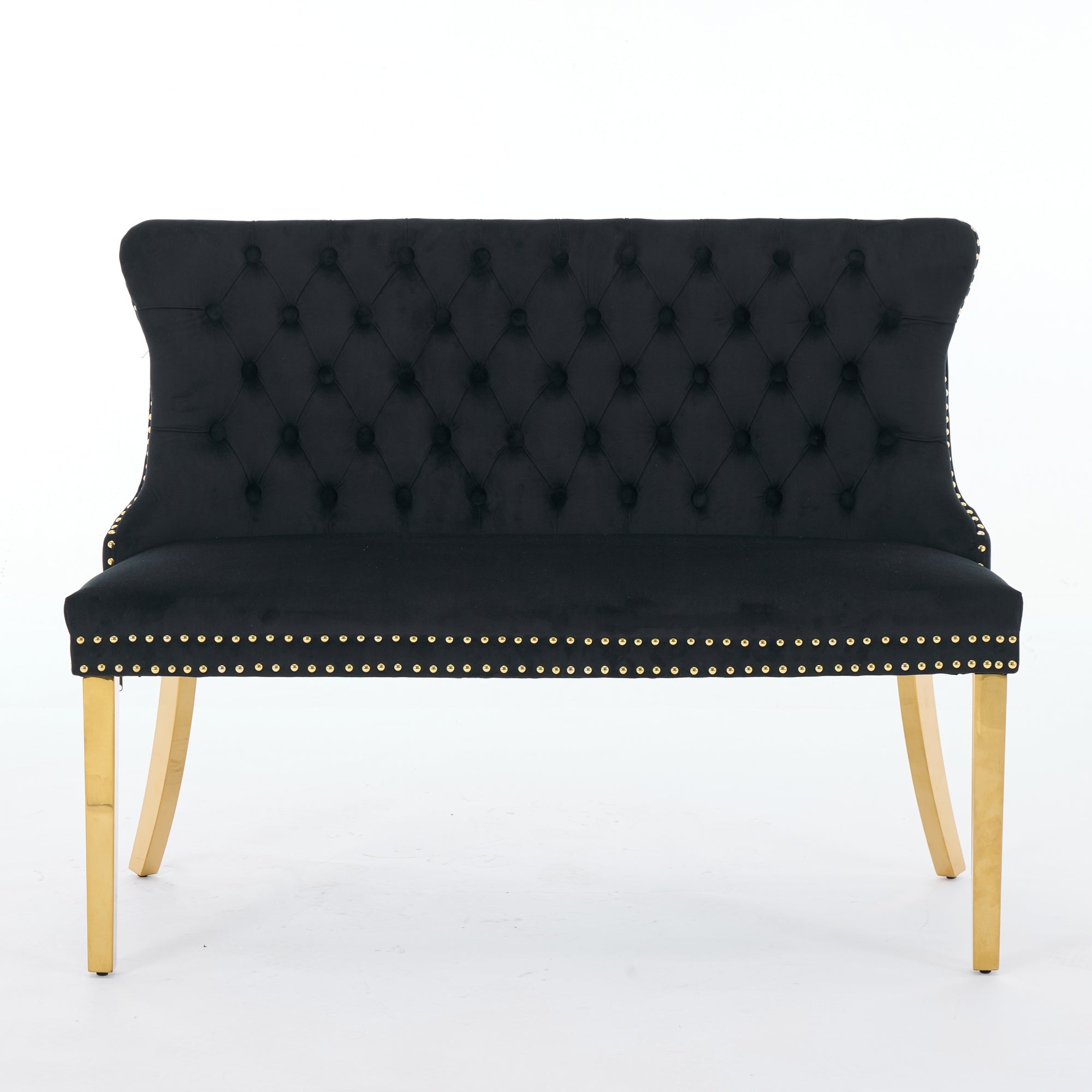 Velvet Dining Loveseat Bench, 2-Seat Tufted Wing Back Gold-Plated Steel Legs, Black Velvet