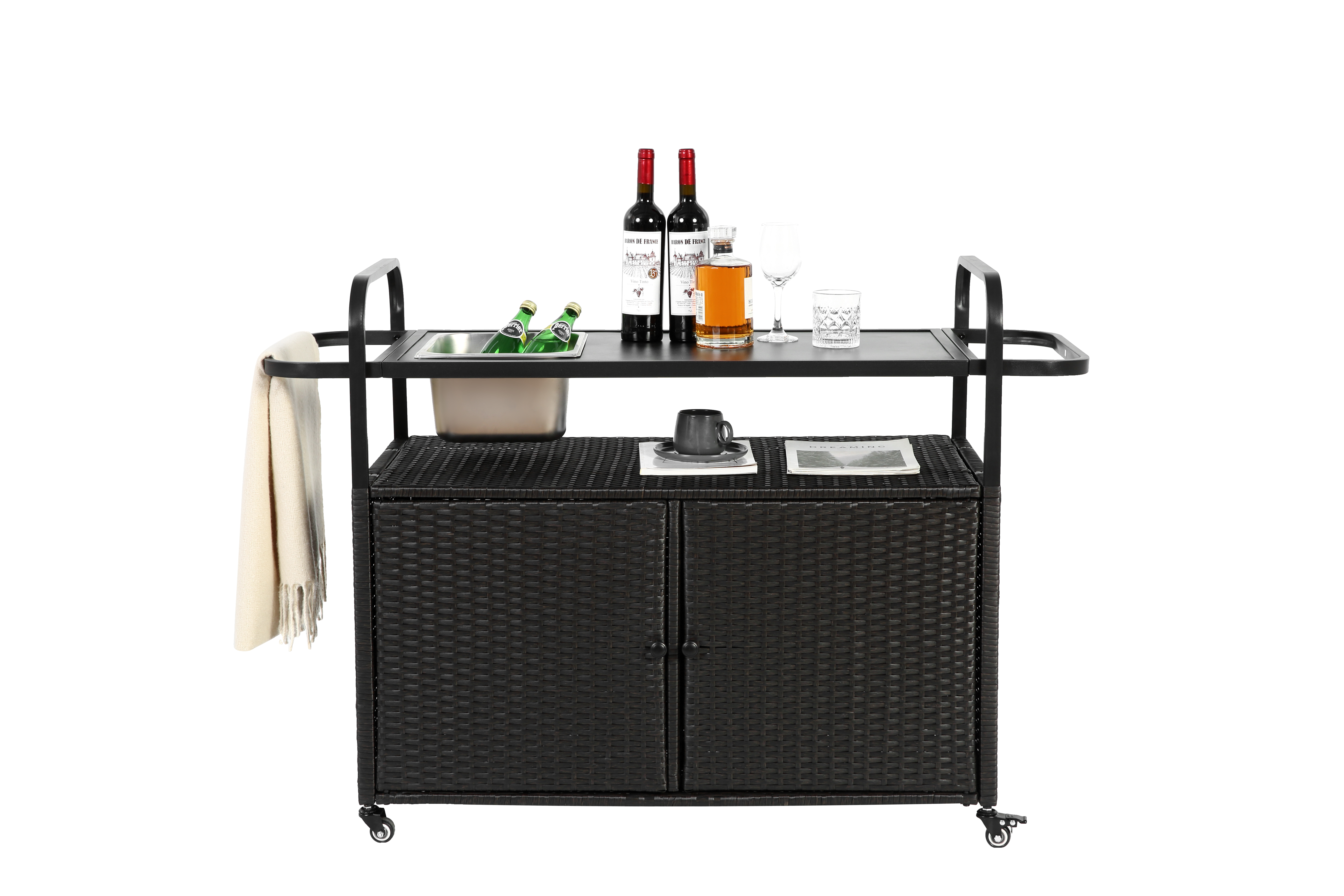 Outdoor Bar Table, Wicker Bar Cart with Cabinet, Patio Serving Cart with Steel Top, Ice Bucket, Lockable Wheels, Side Basket, Black