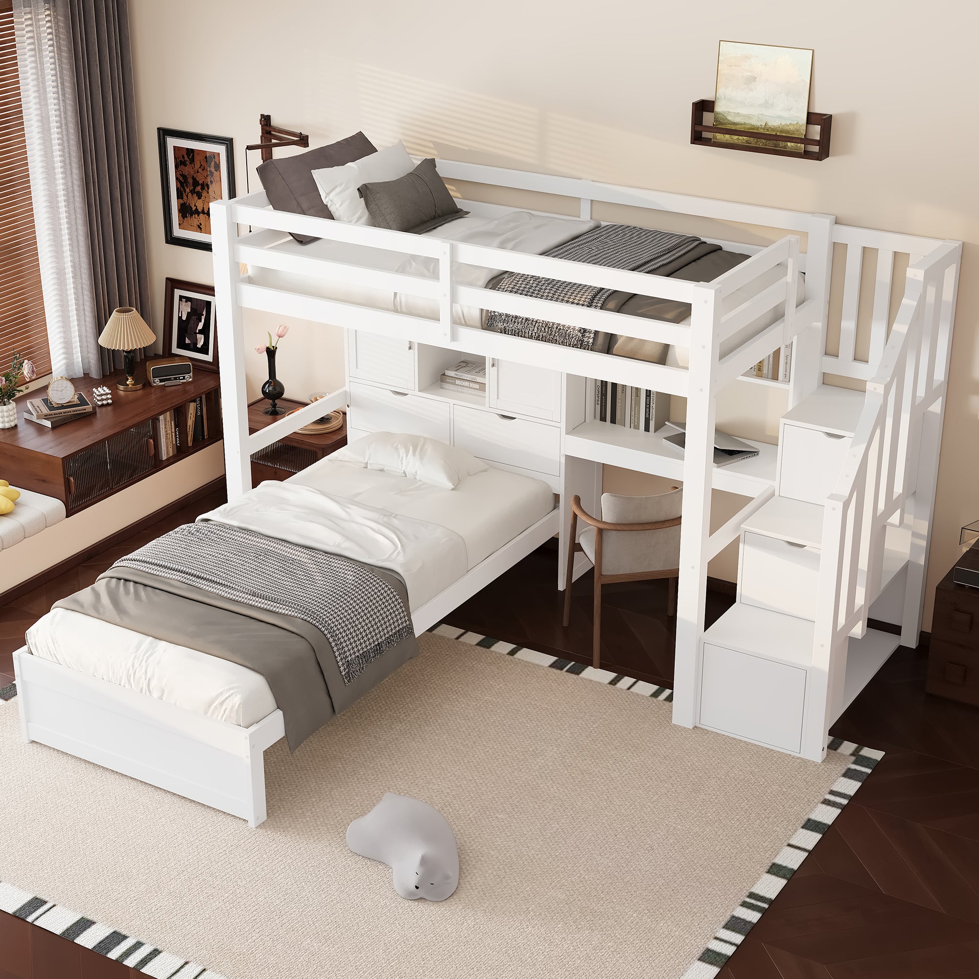 Loft Bed 90x200cm Desk Stairs Storage Shelves - White