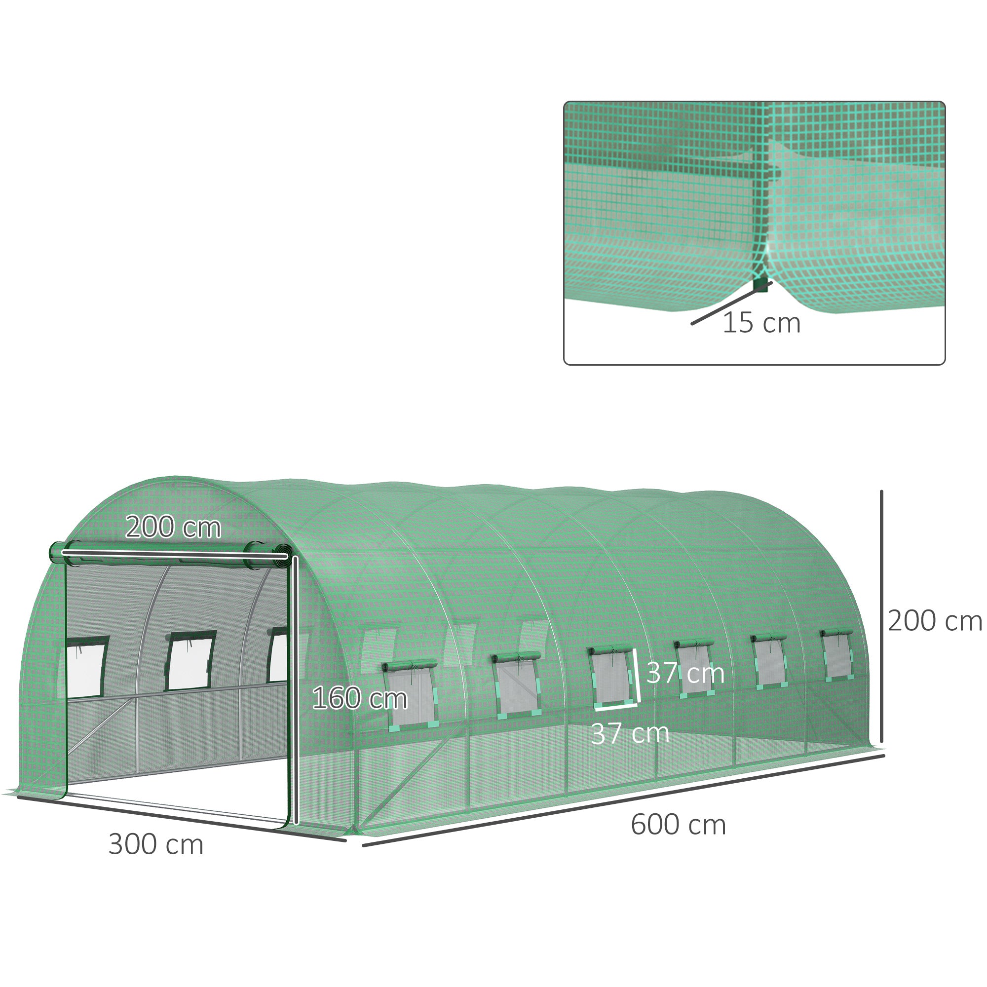 6x3x2m Tunnel Greenhouse Replacement Cover with Roll-up Windows and Door, PE Green