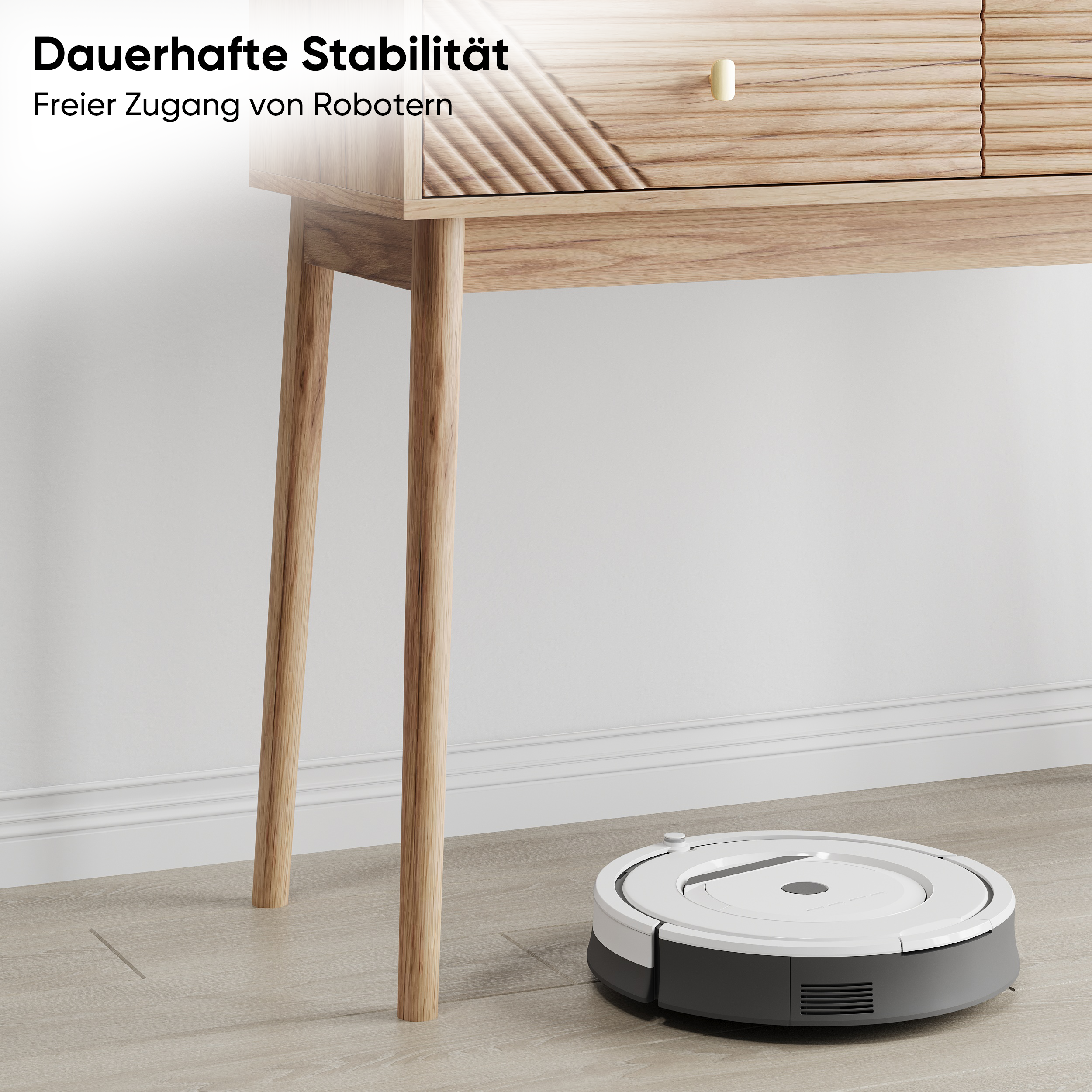 Mid-Century Modern Console Table with Drawers and Open Shelves, Oak Color