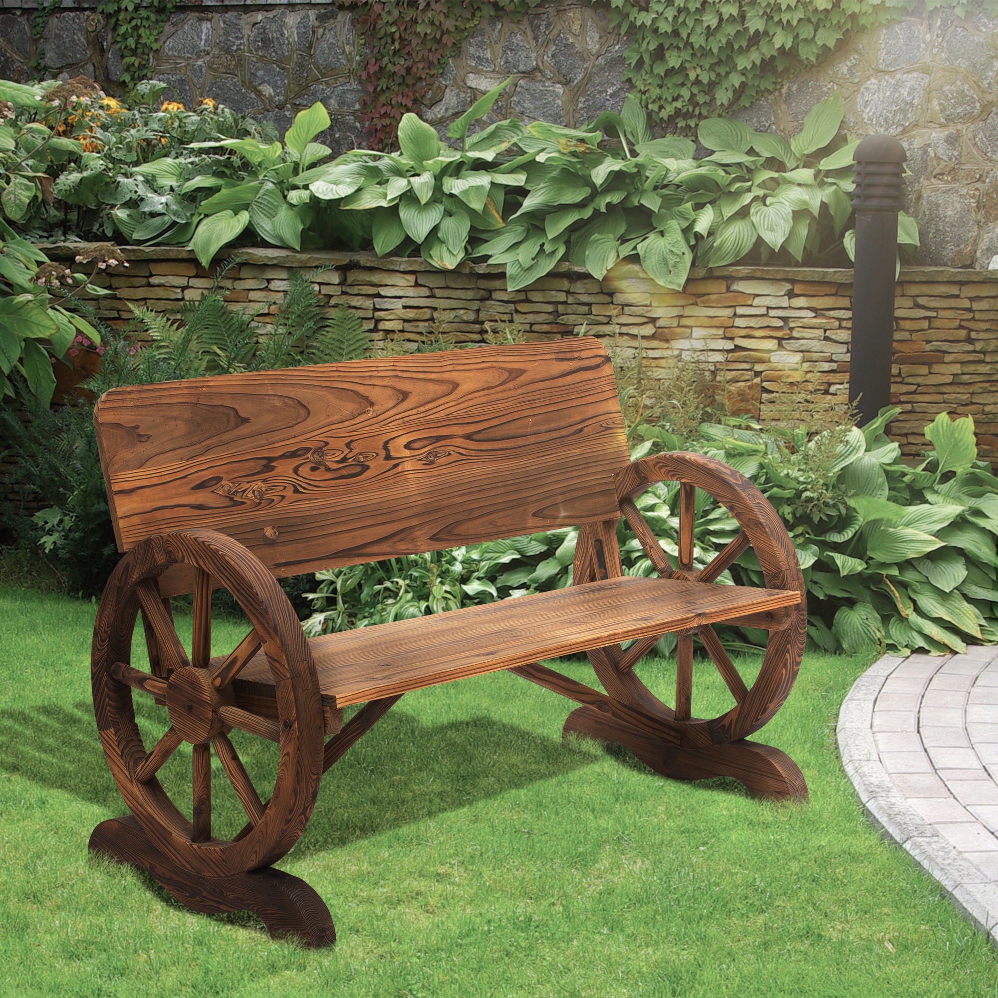 Garden Bench 2-Seater Rustic Wagon Wheel Design Solid Wood Brown
