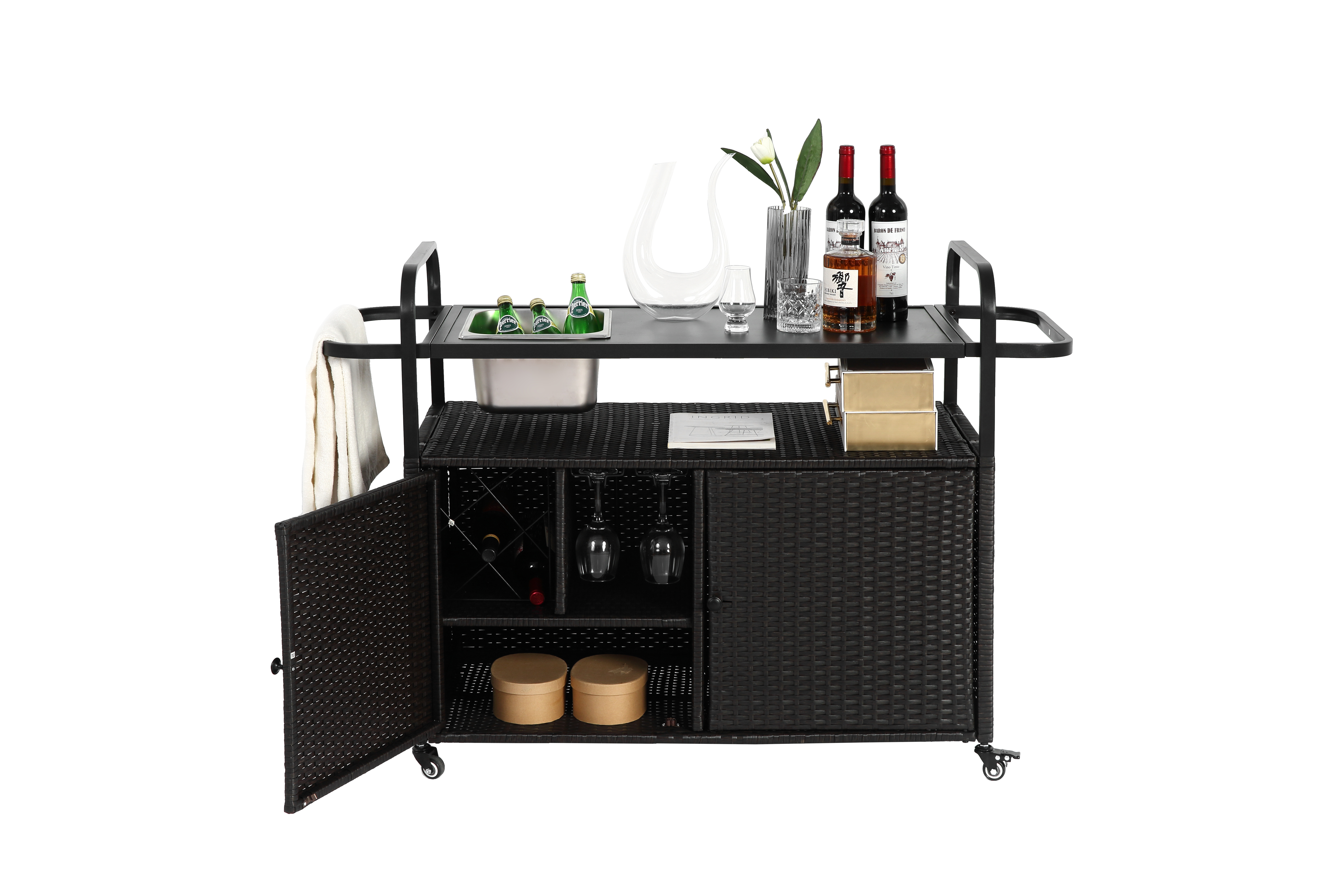 Outdoor Bar Table, Wicker Bar Cart with Cabinet, Patio Serving Cart with Steel Top, Ice Bucket, Lockable Wheels, Side Basket, Black
