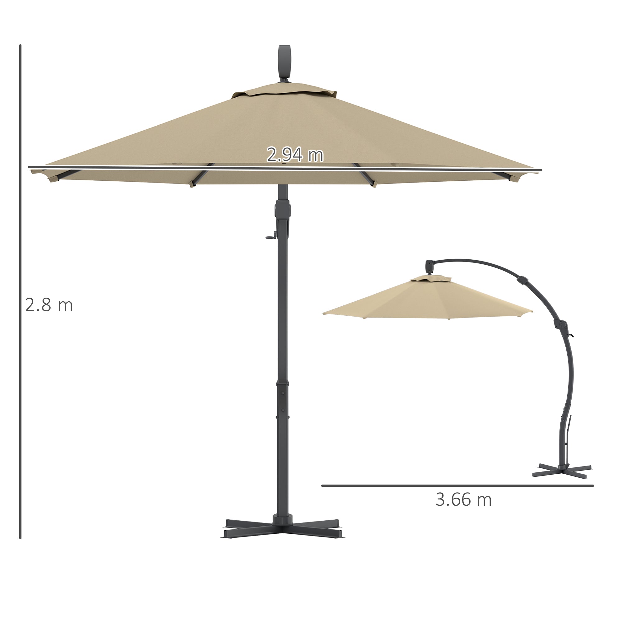 3m Cantilever Parasol, Round Overhanging Umbrella, Crank, 360° Rotation, Khaki
