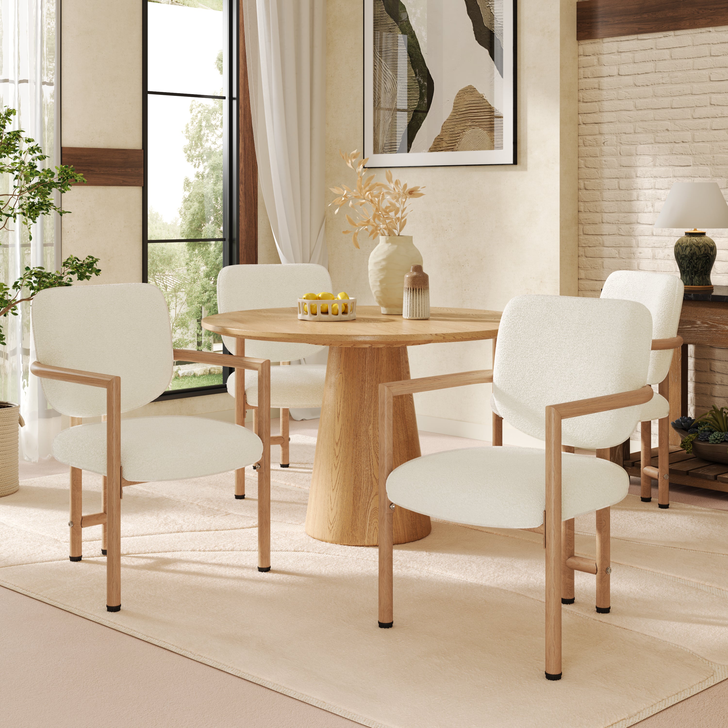 Modern Dining Chairs Set of 4, Ergonomic Bouclé Seats with Wood-Look Metal Legs, Natural Color
