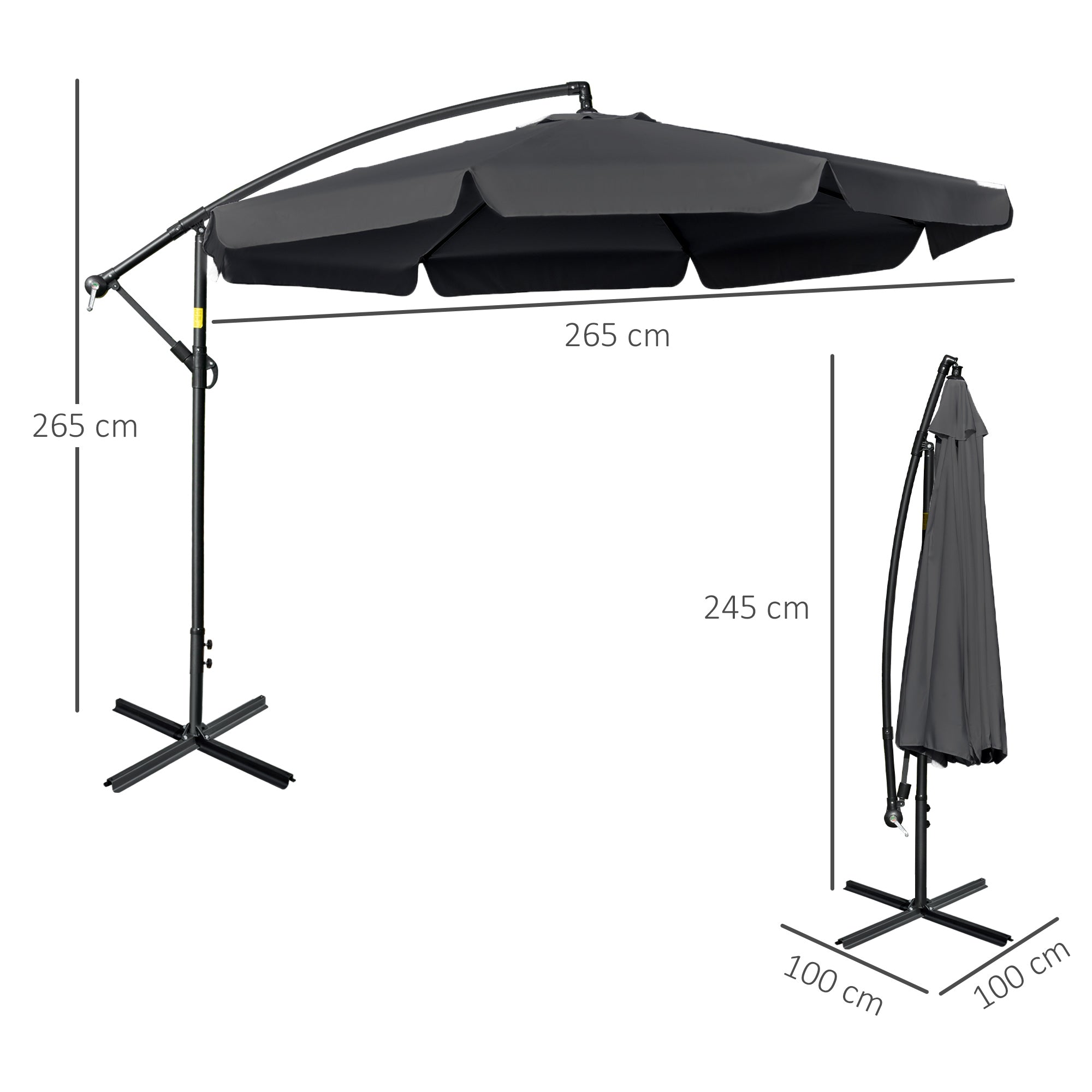 2.7m Banana Cantilever Parasol Umbrella with Crank Handle and Cross Base, Black