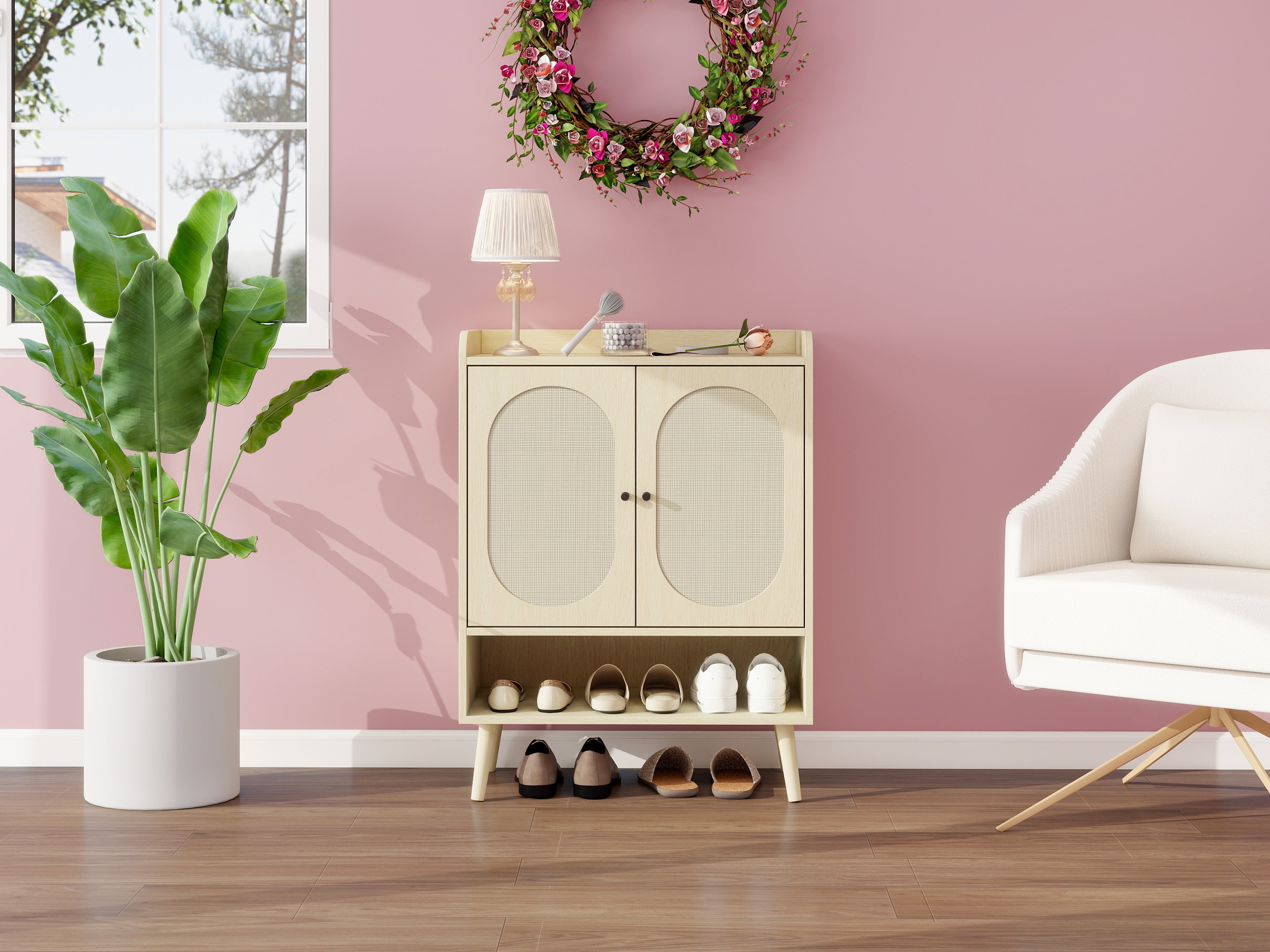 Shoe Cabinet with Double Doors, Storage & Open Shelf, Natural Rattan