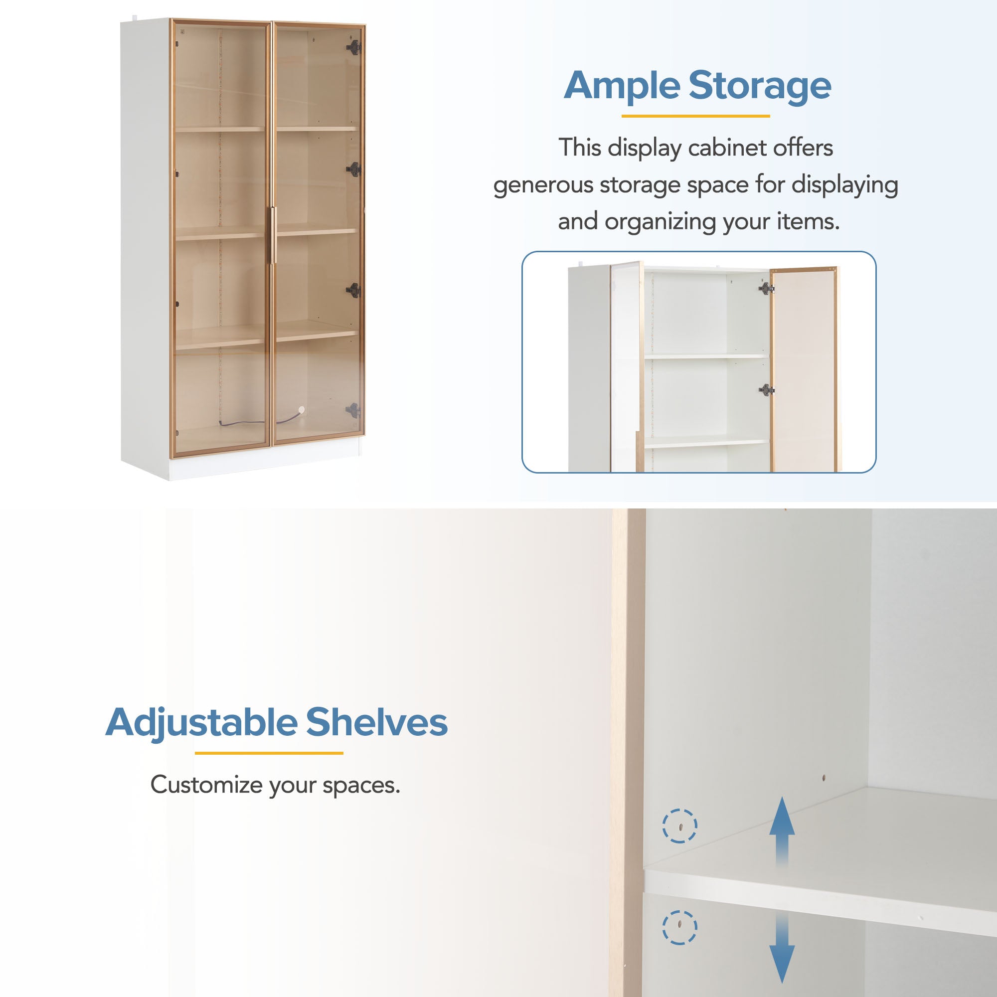 Glass Display Cabinet, Set of 2 with LED Lighting & Movable Shelves, White