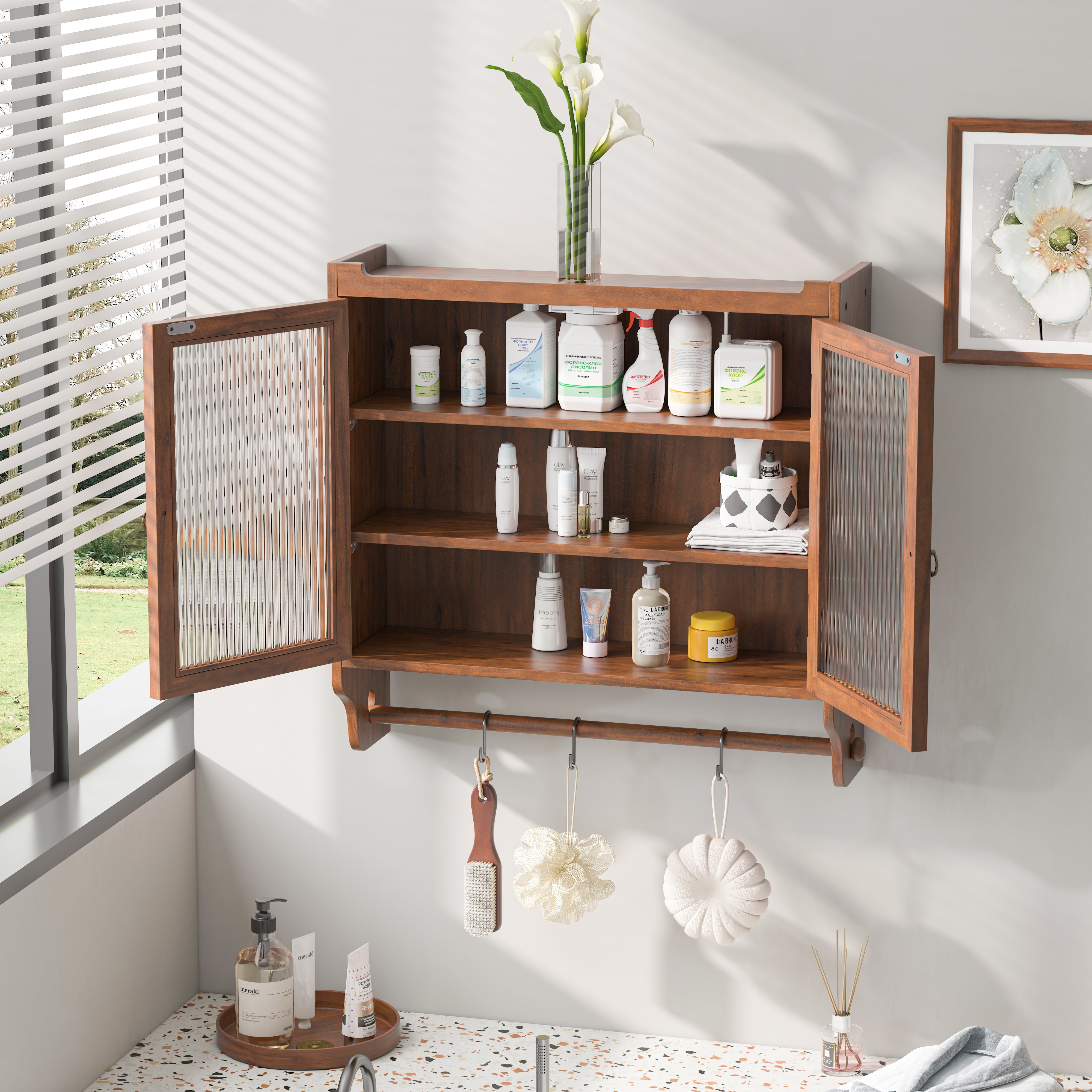 Wall Cabinet 63CM, Double Door Vintage Glass with 3 Tiers, Towel Rack, Brown