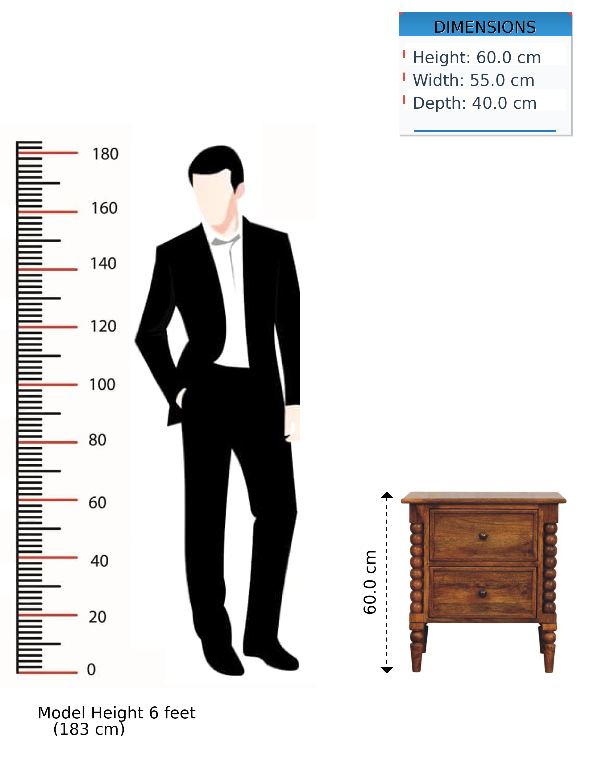 Solid Wood Nightstand, Spindle Leg 2 Drawers, Amber Oak/Brown