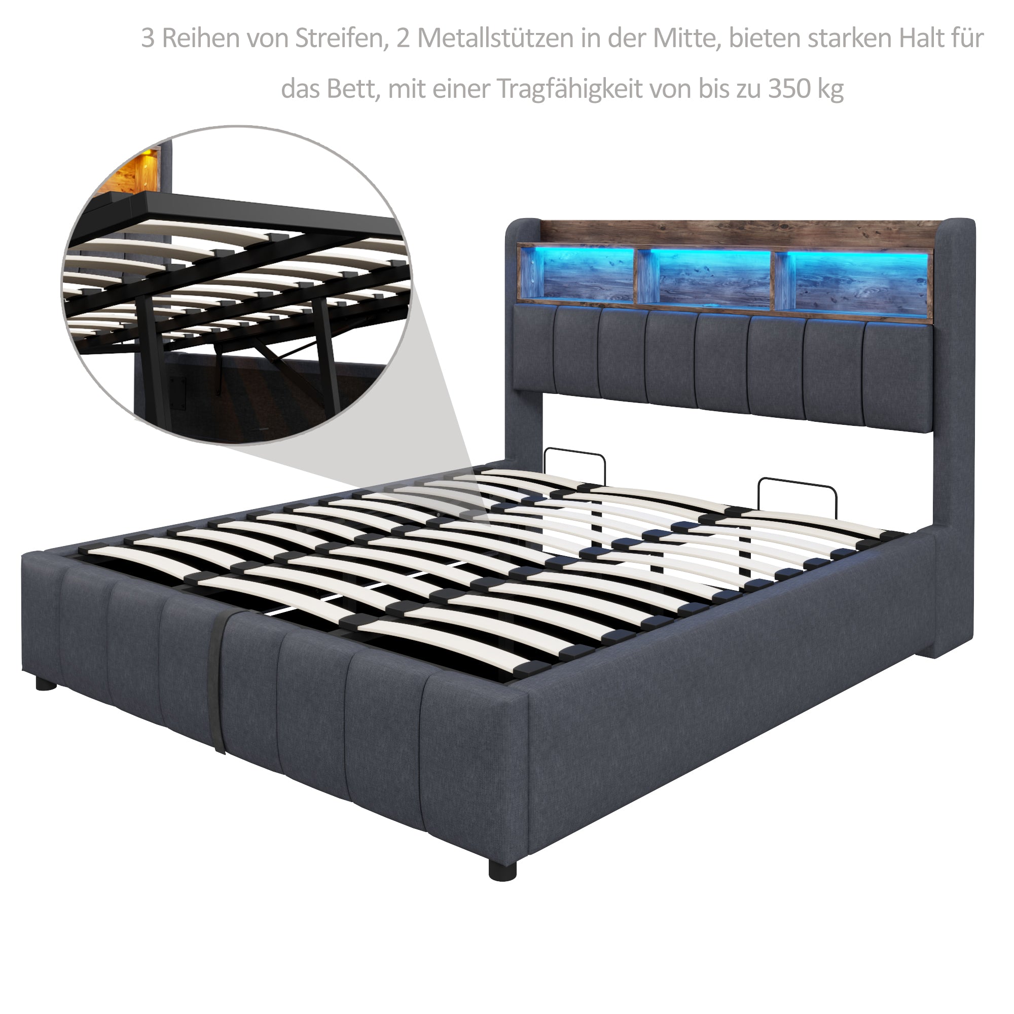 Upholstered Bed 180x200cm LED USB Hydraulic Storage Headboard | Linen Fabric Grey