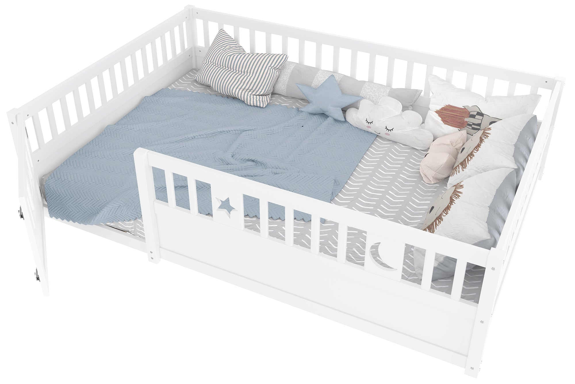 Panel Bed, 140x190cm Children's Bed with Railing & Star/Moon Decoration, White