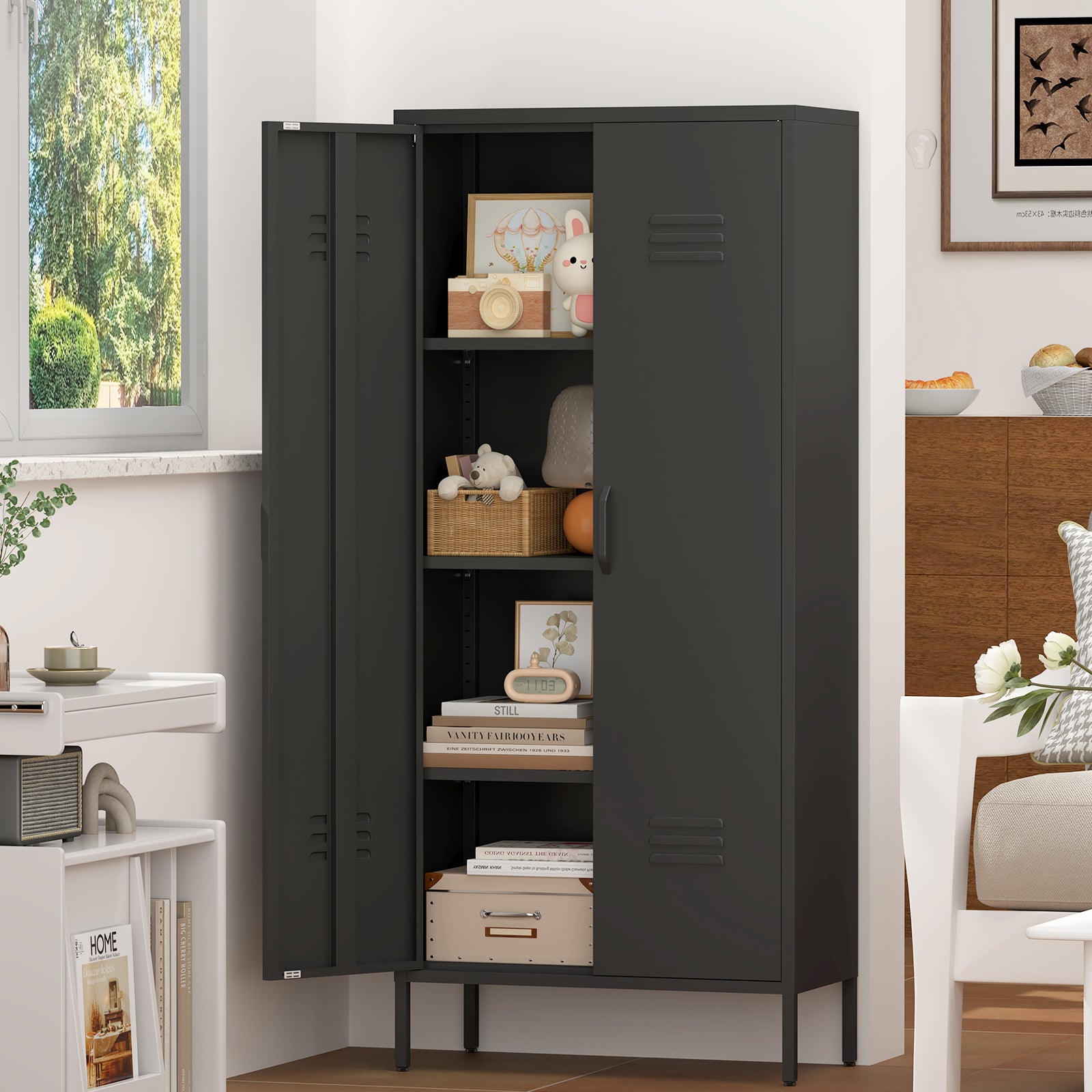 Metal Storage Cabinet with Doors and Adjustable Shelves, Black Metal