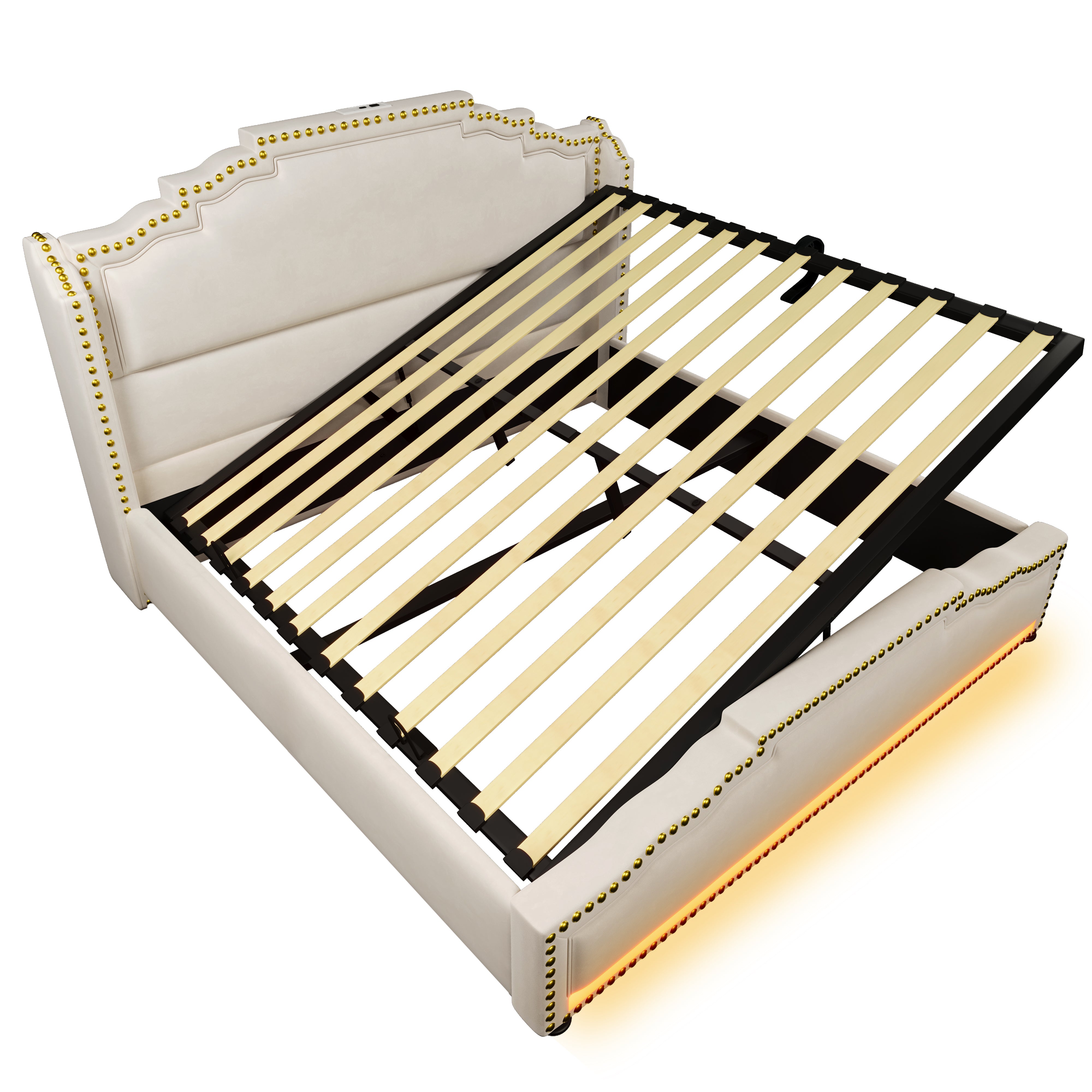 Upholstered Bed 140x200, Hydraulic Storage, LED, USB-C, Slatted Frame, Velvet Beige