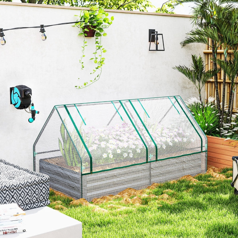 Metal Planter Box Raised Garden Bed with Greenhouse, White and Dark Grey