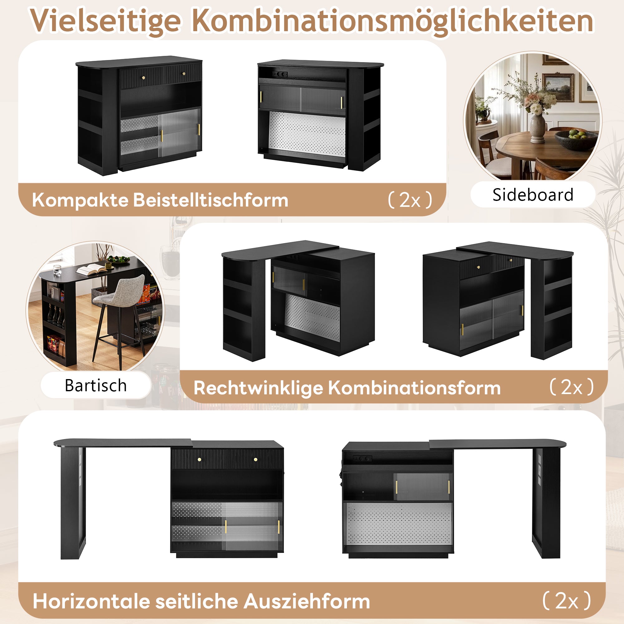 Bar Table Sideboard Extendable 360° Rotating with LED Lighting Sockets Black