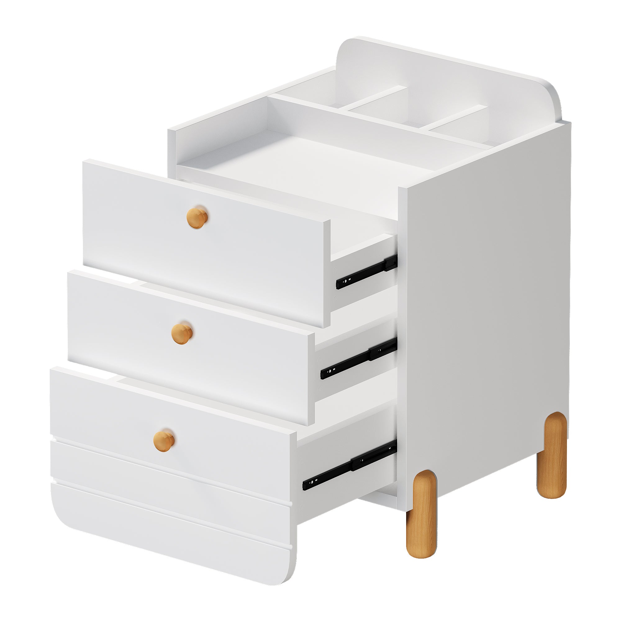 Bedside Table with 3 Drawers, Silent Design, Wood Feet, White