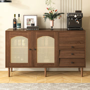 Sideboard, Country-Style with Rattan Doors, Adjustable Shelves, Wood Color