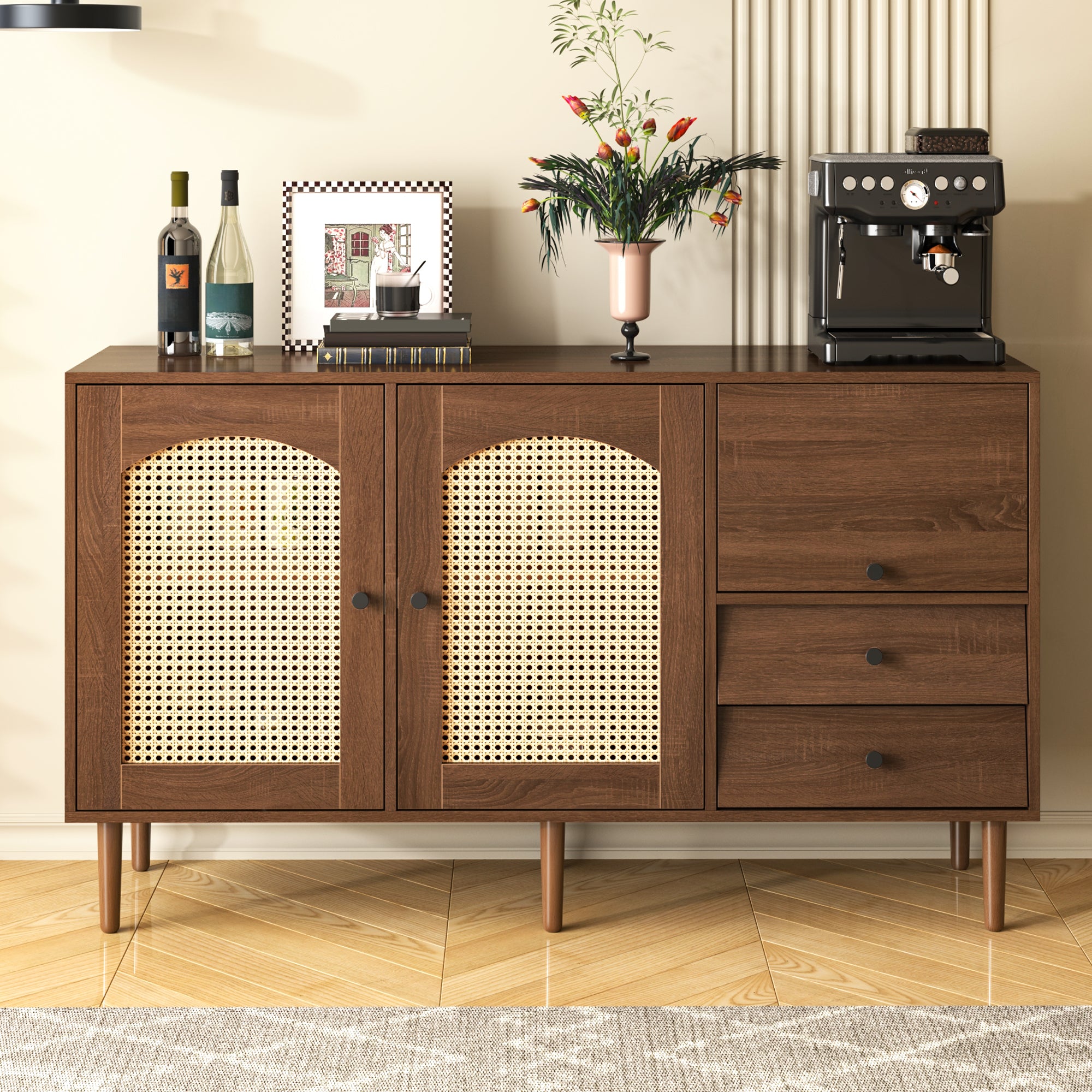 Sideboard, Country-Style with Rattan Doors, Adjustable Shelves, Wood Color