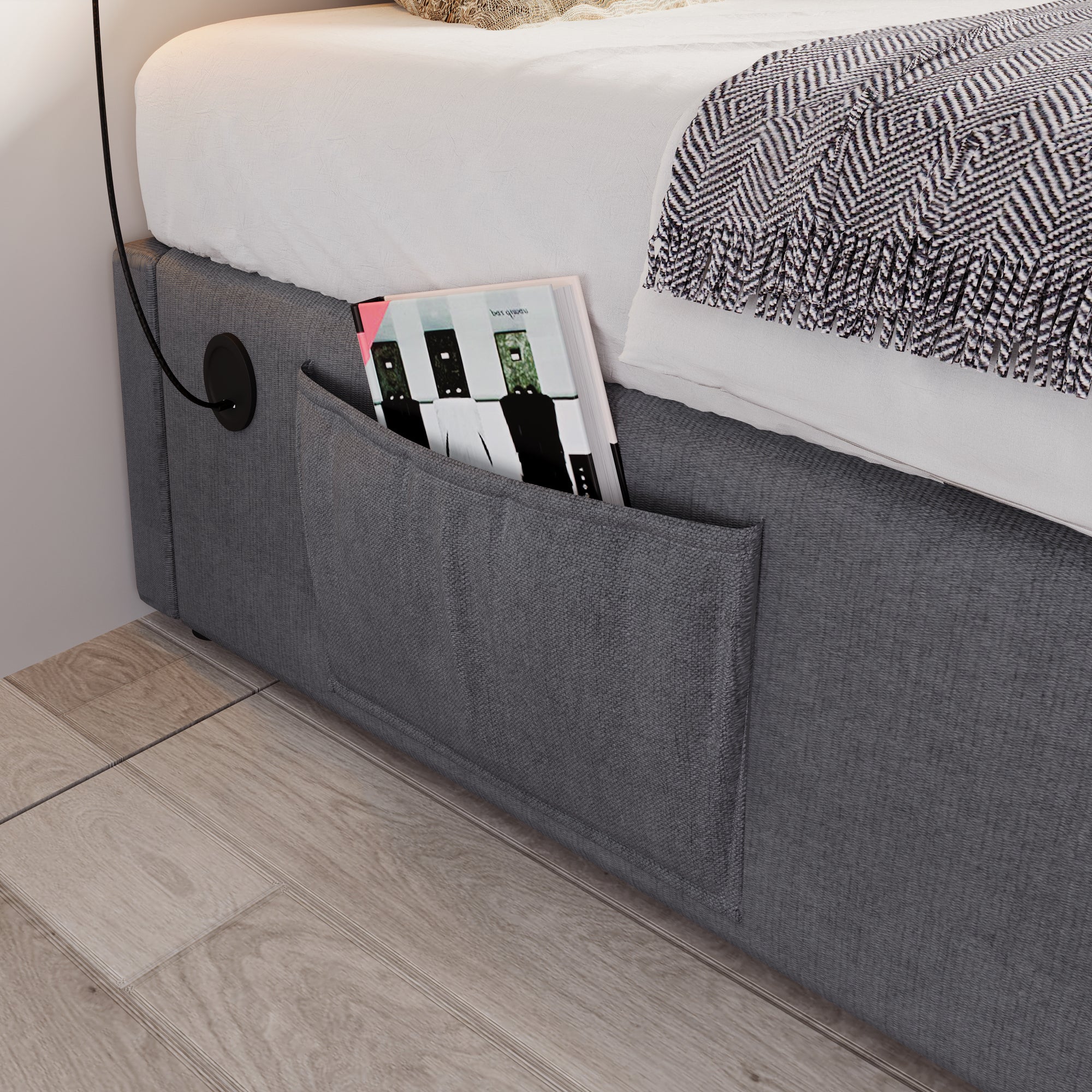 Upholstered Double Bed 160x200cm with USB-C, Cotton, Grey