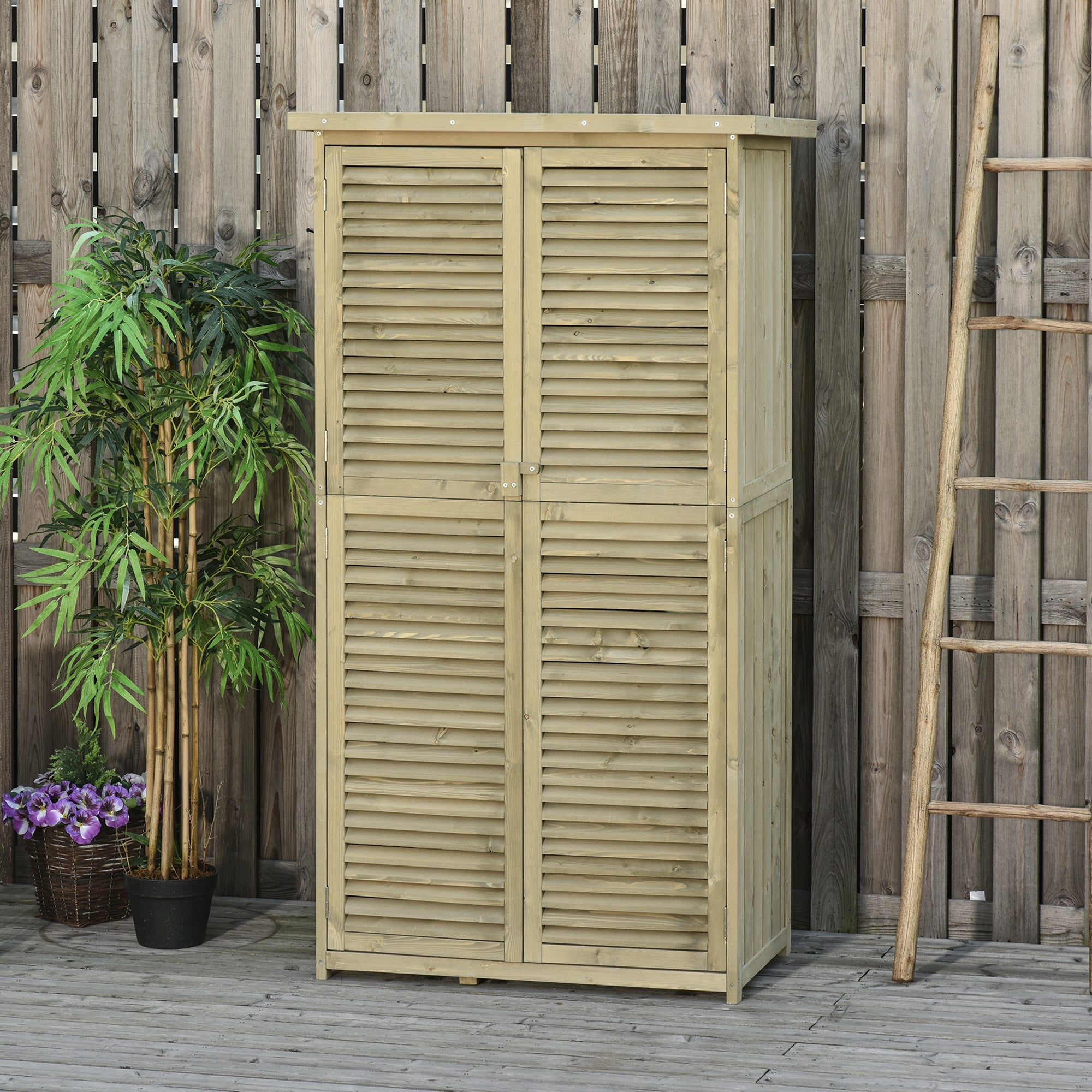 Tool Shed Wooden with Asphalt Roof, Louvre Door, 4 Compartments, Grey