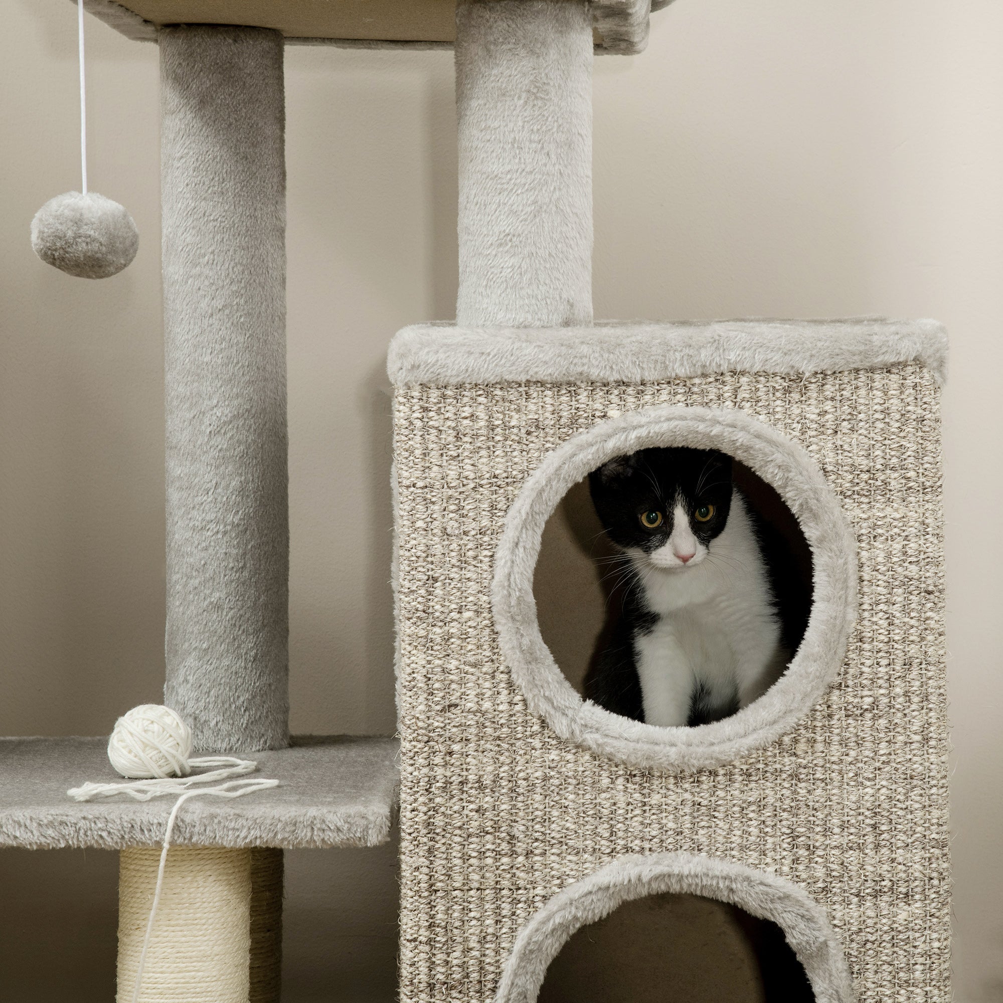 Cat Scratching Post, 2 Cat Caves, Sisal Column, Play Platform, Light Grey
