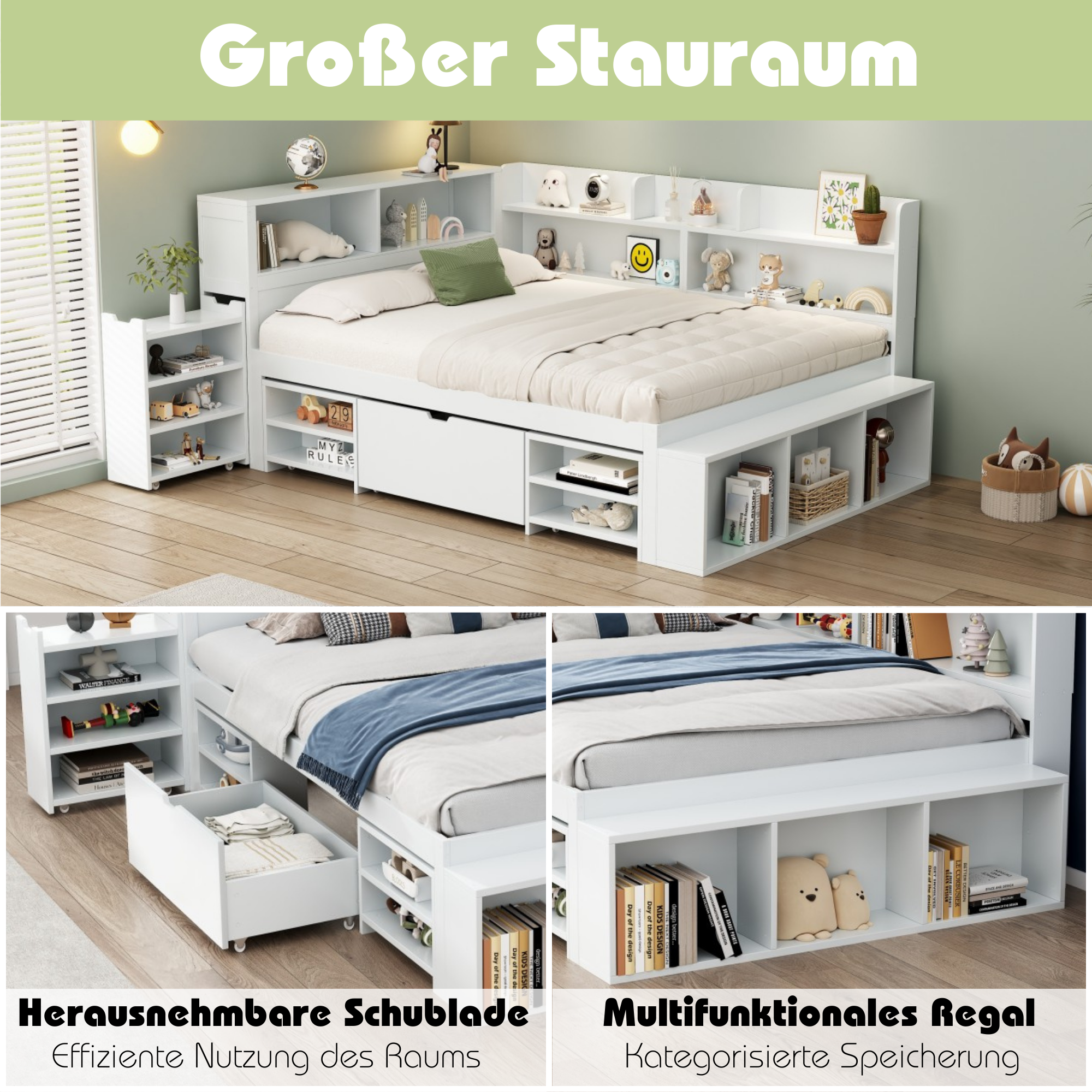 Children's Single Bed 140x200cm Storage Drawers Bookshelf White