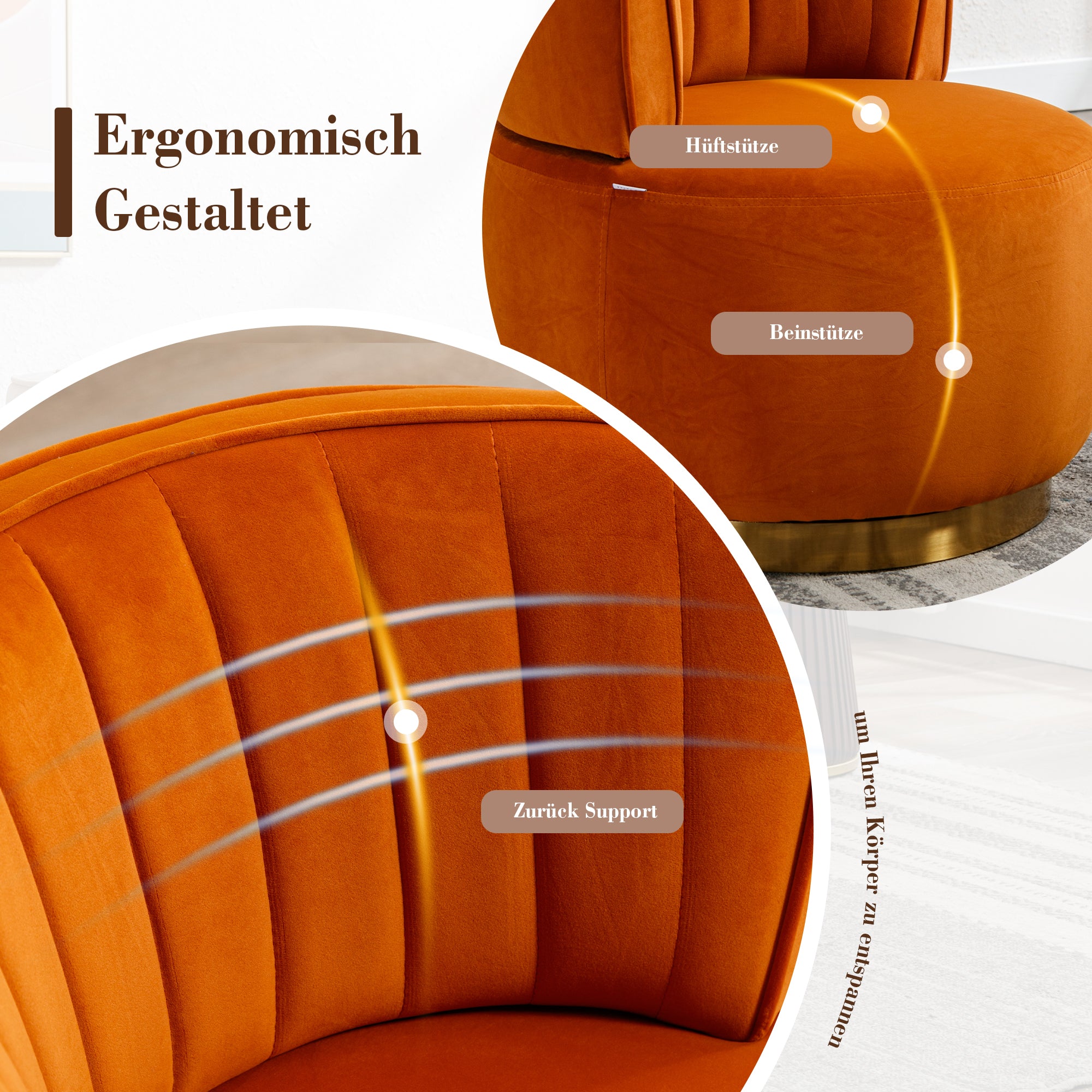 Swivel Barrel Chair 360° Round Comfortable, Orange Velvet