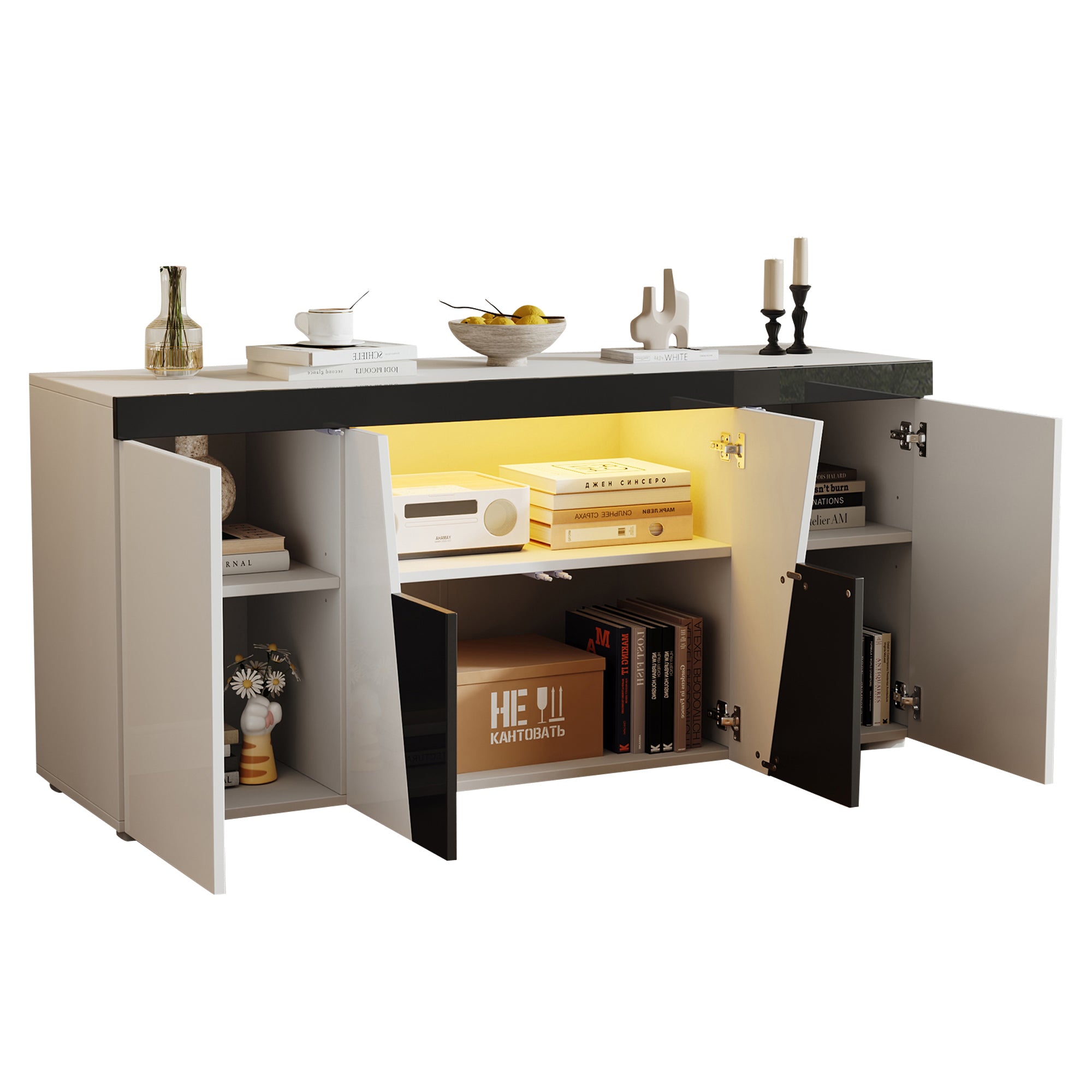 Living Room Sideboard with 4 Doors, Angled Design & LED Light Strip, Black and White Chipboard