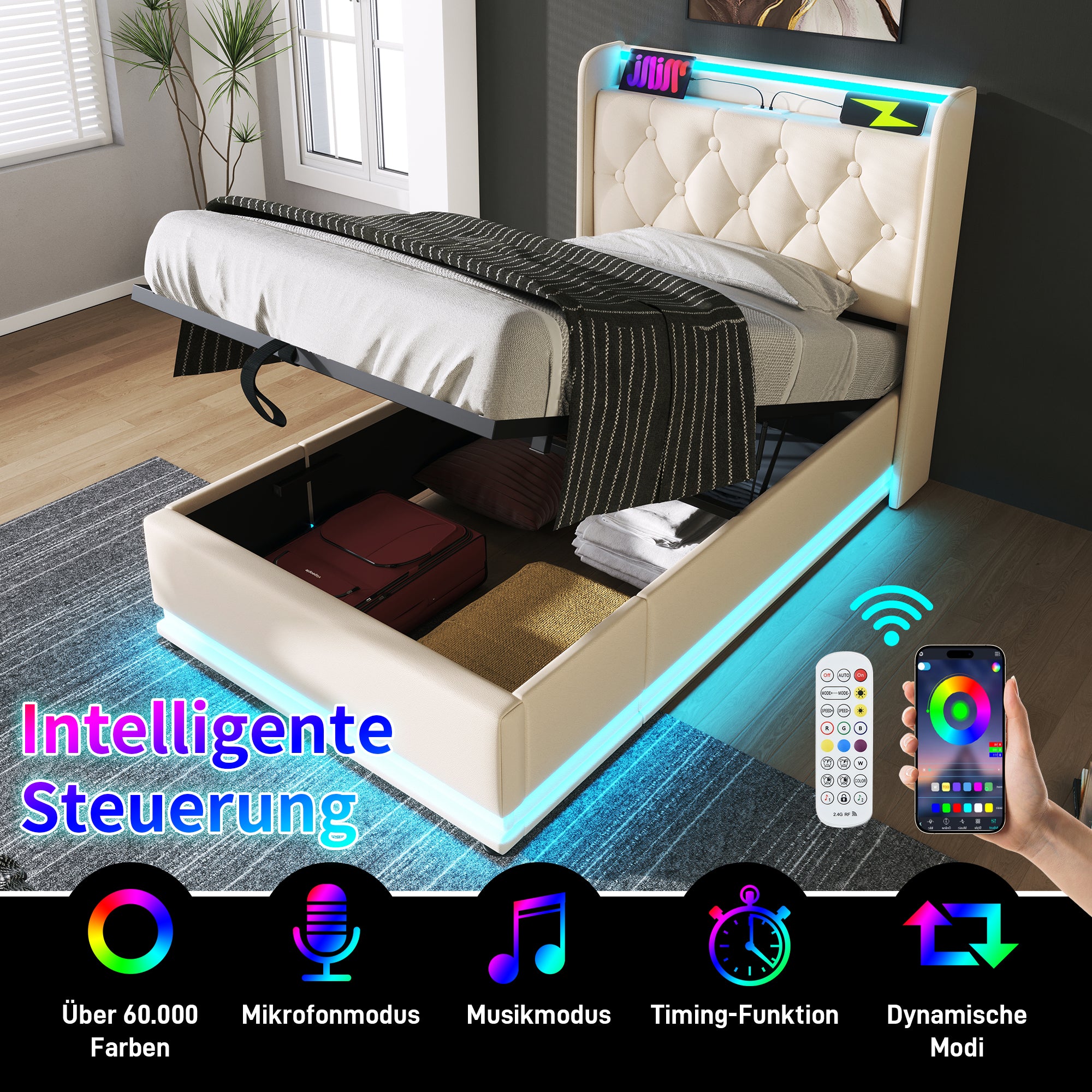Upholstered Single Bed, 360° LED Hydraulic Storage, USB Type-C, White PU Leather