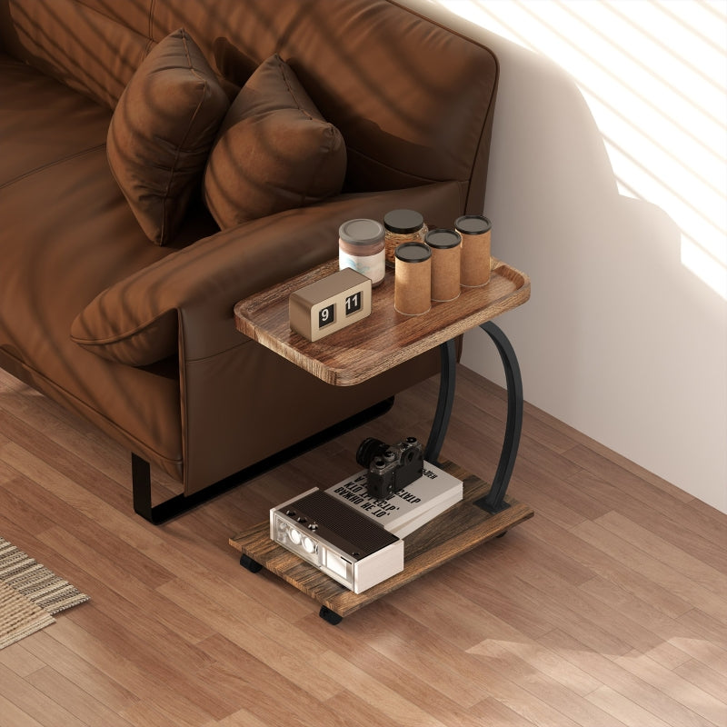 2-Tier Mobile C-Shaped Side Table, Engineered Wood Brown