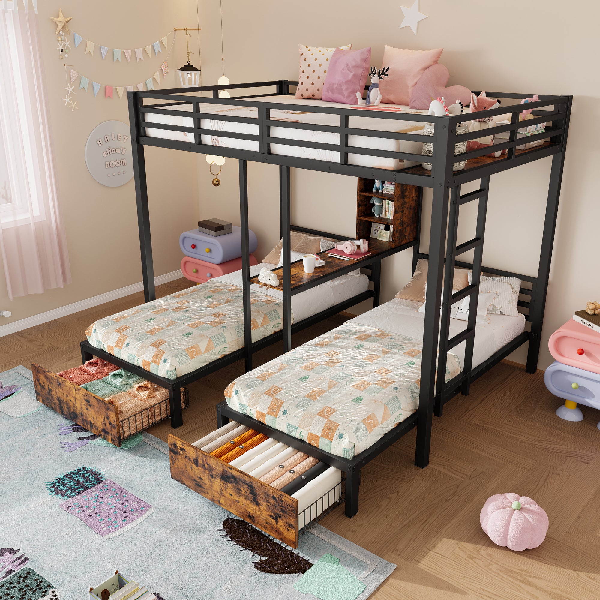 Bunk Bed Triple Sleeper 140x200/90x200cm with Storage Drawers and Shelves Black