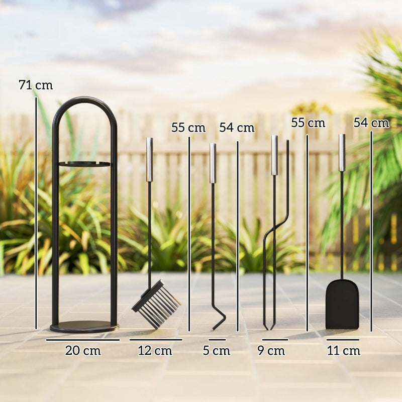 5 Pieces Fireplace Tool Set with Broom, Shovel, Poker, Tongs, and Stand - Silver Metal