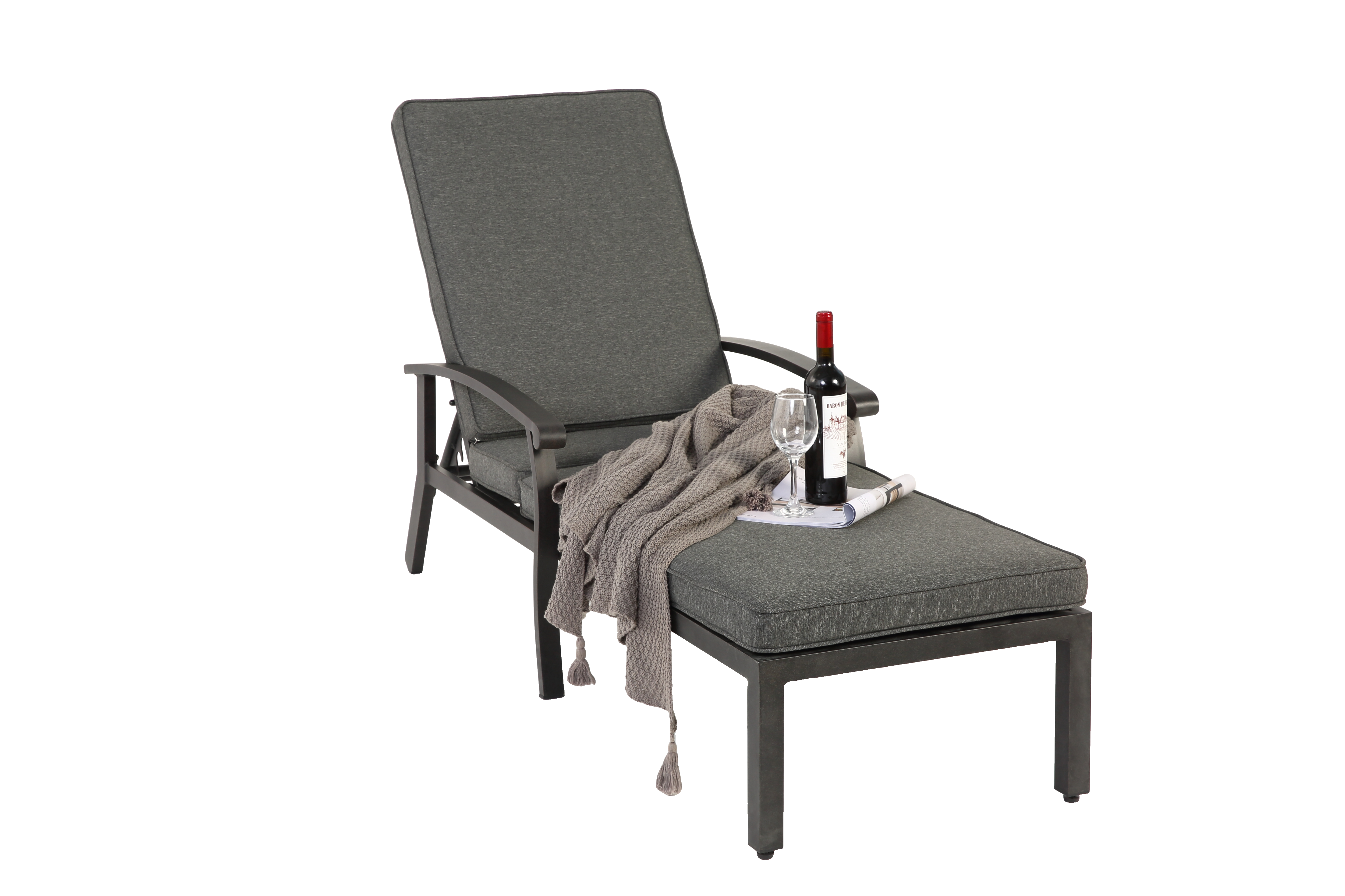 Lounge Patio Chair, Adjustable Reclining Rustproof Aluminum, Gray Cushion