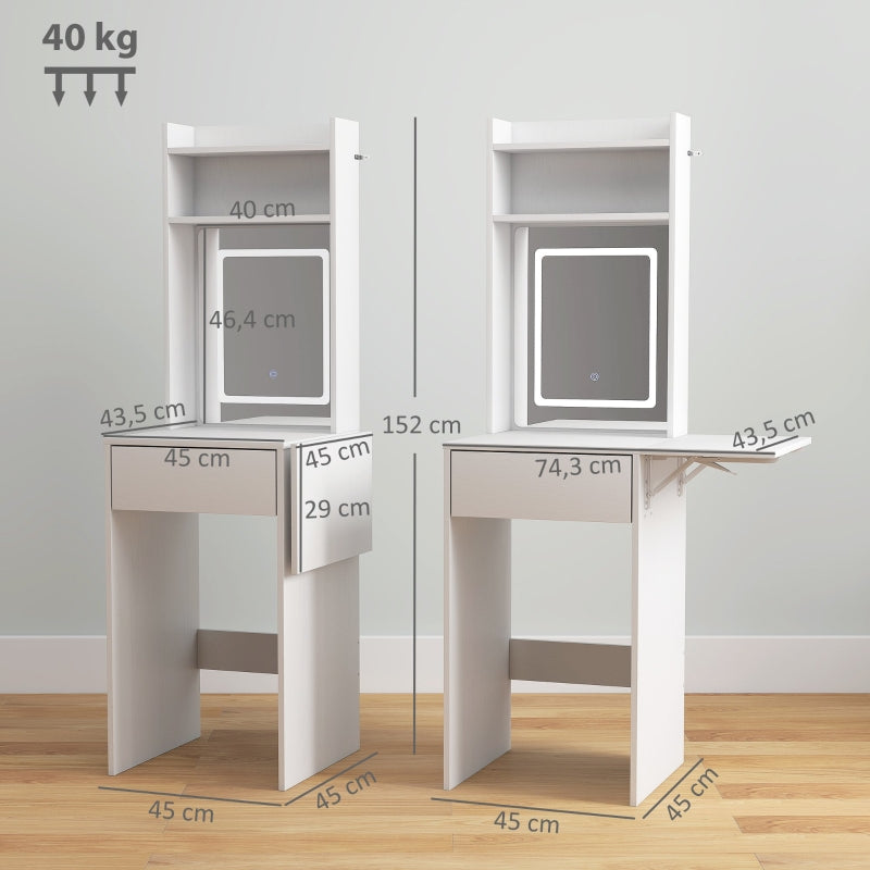 Compact Dressing Table, Mirror, LED Lighting, Folding Tabletop, Open Shelves, Drawer, White MDF