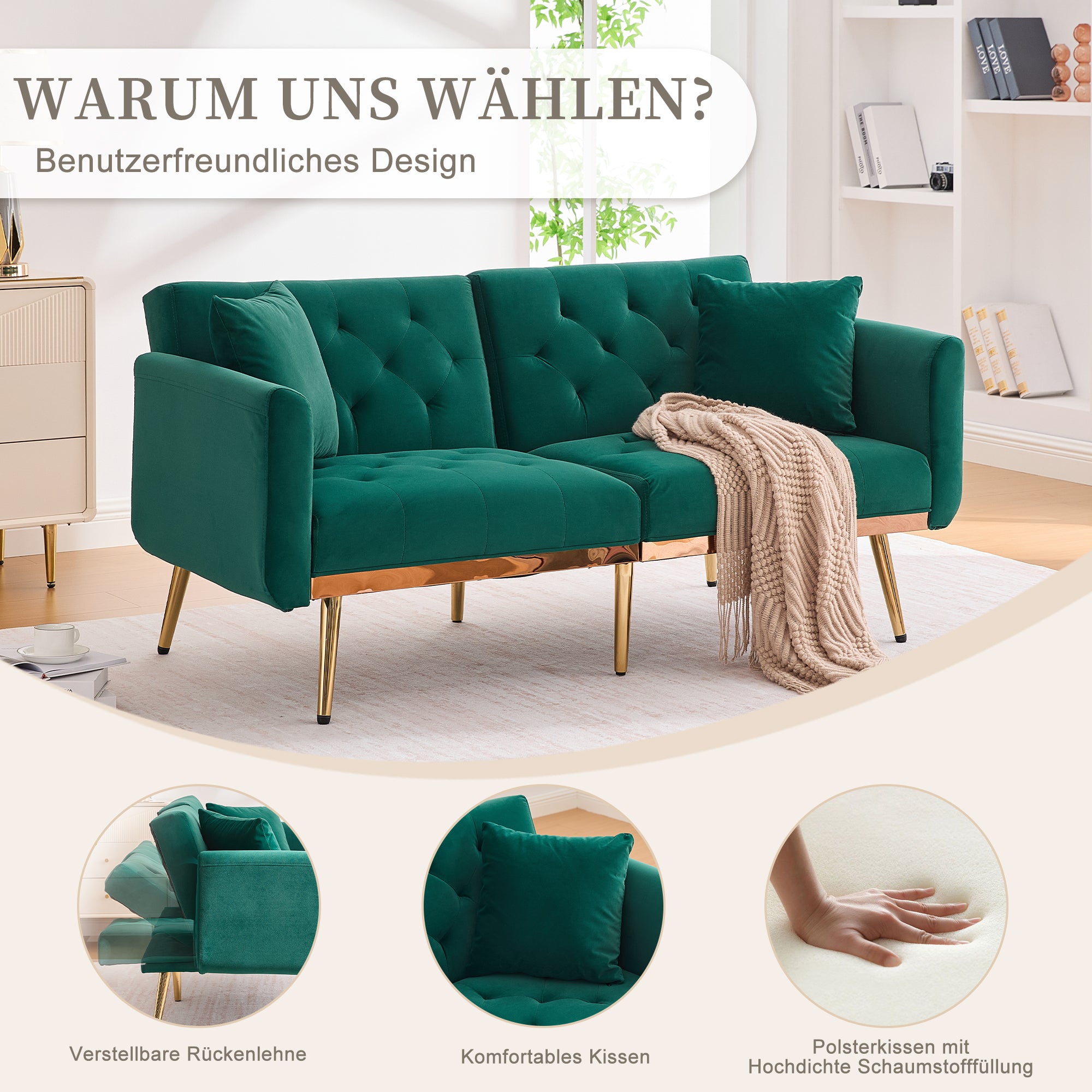 Two-Seater Sofa, Adjustable Backrest Sofa Bed with Metal Legs, Emerald Velvet