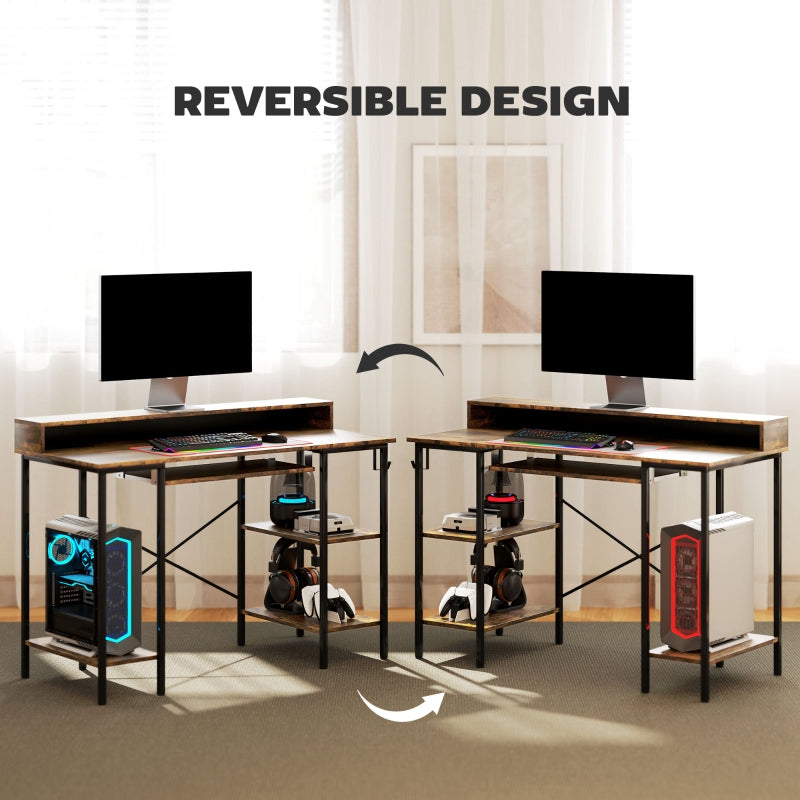 Computer Desk, LED Lights Power Outlets Monitor Stand Storage, Rustic Brown