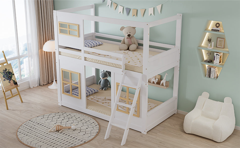 Bunk Bed, Kids with Windows, Ladder & Fencing, Pine + MDF + Plywood