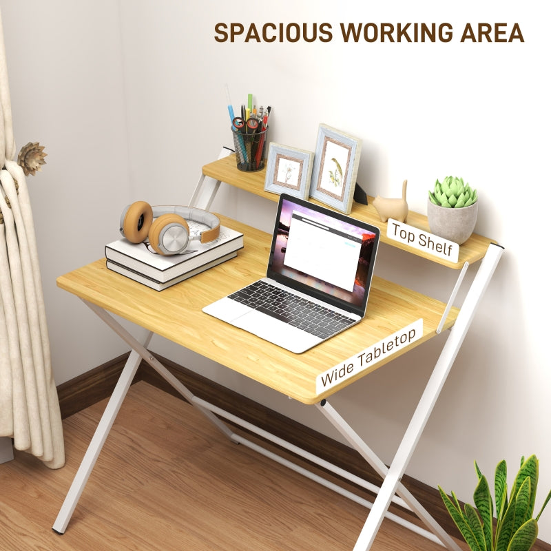 Folding Desk, Space-Saving Computer Desk with Storage Shelf and 2-Tier Study Table, Maple Wood-effect