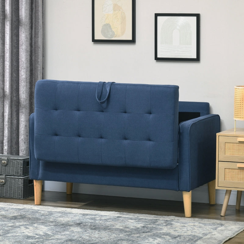 Modern Loveseat Sofa, Hidden Storage 2 Seater, Blue Cotton