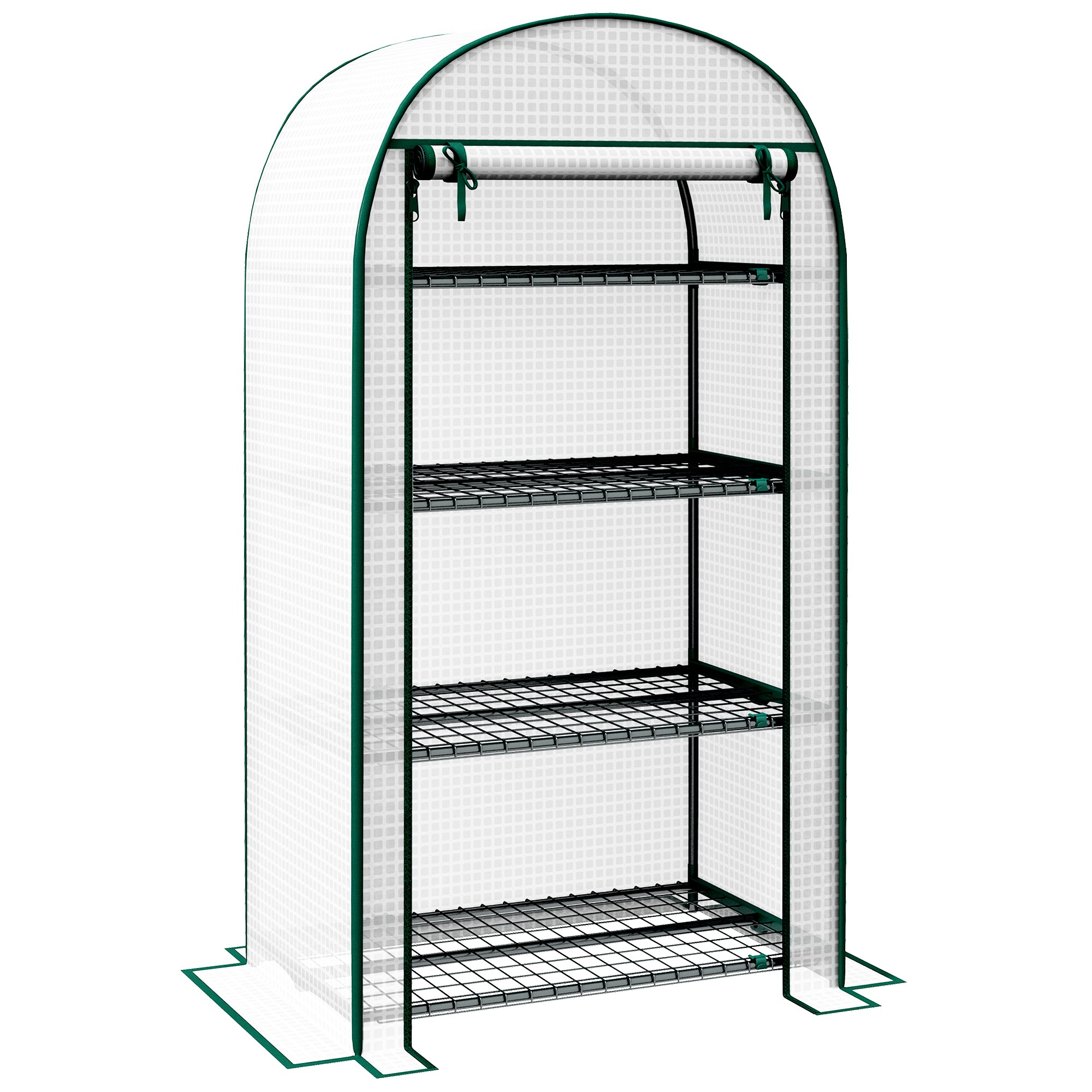 4 Tier Mini Greenhouse, Portable with Storage Shelf and Roll-Up Zipped Door, White