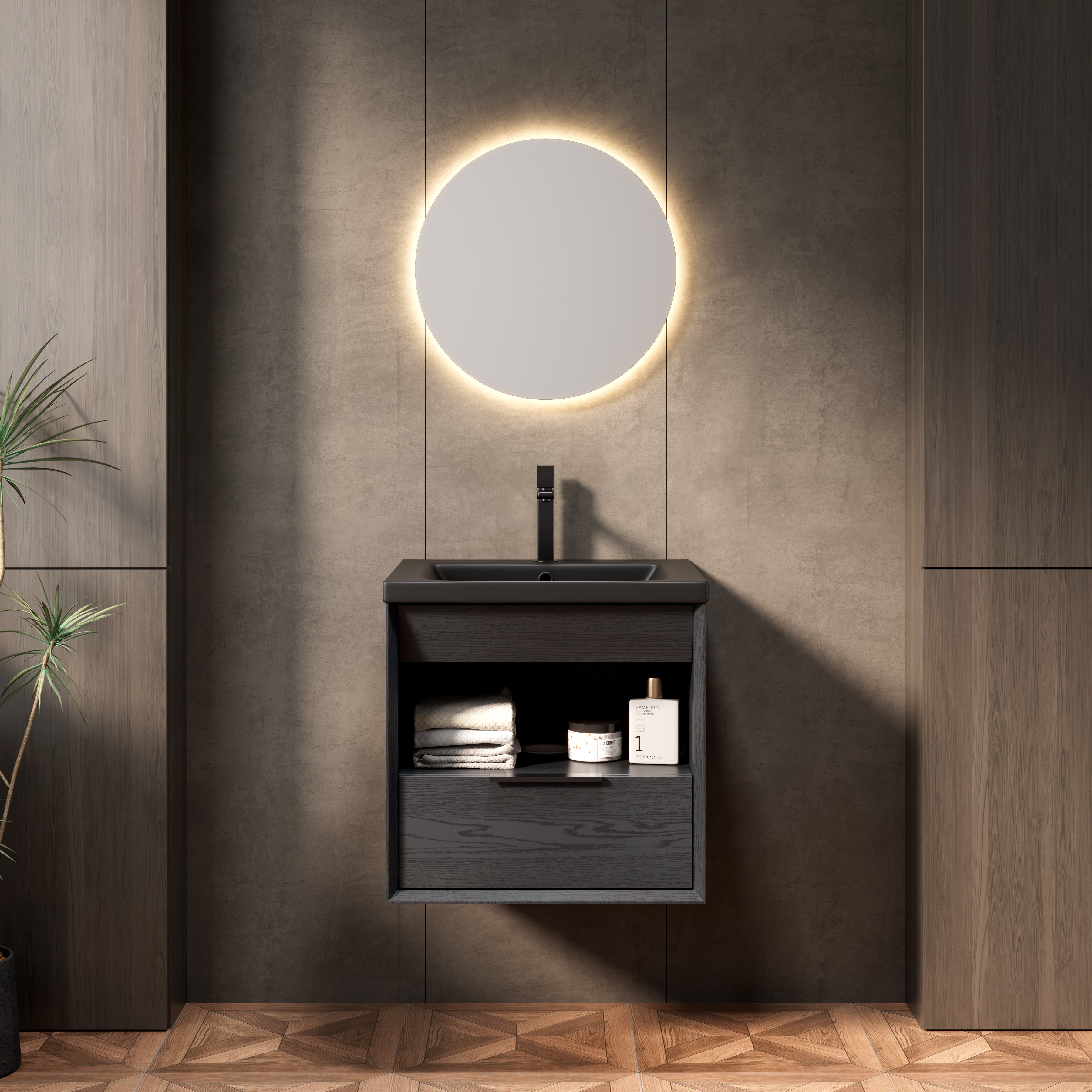 Floating Bathroom Vanity Unit with Ceramic Sink and Storage Drawer, Black Wood Grain