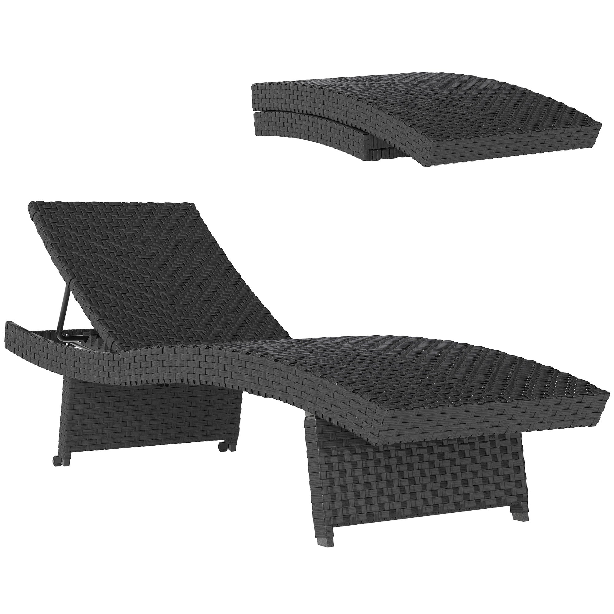 Outdoor PE Rattan Sun Lounger, Folding Recliner with 4-Level Adjustable Backrest & Wheels, Black